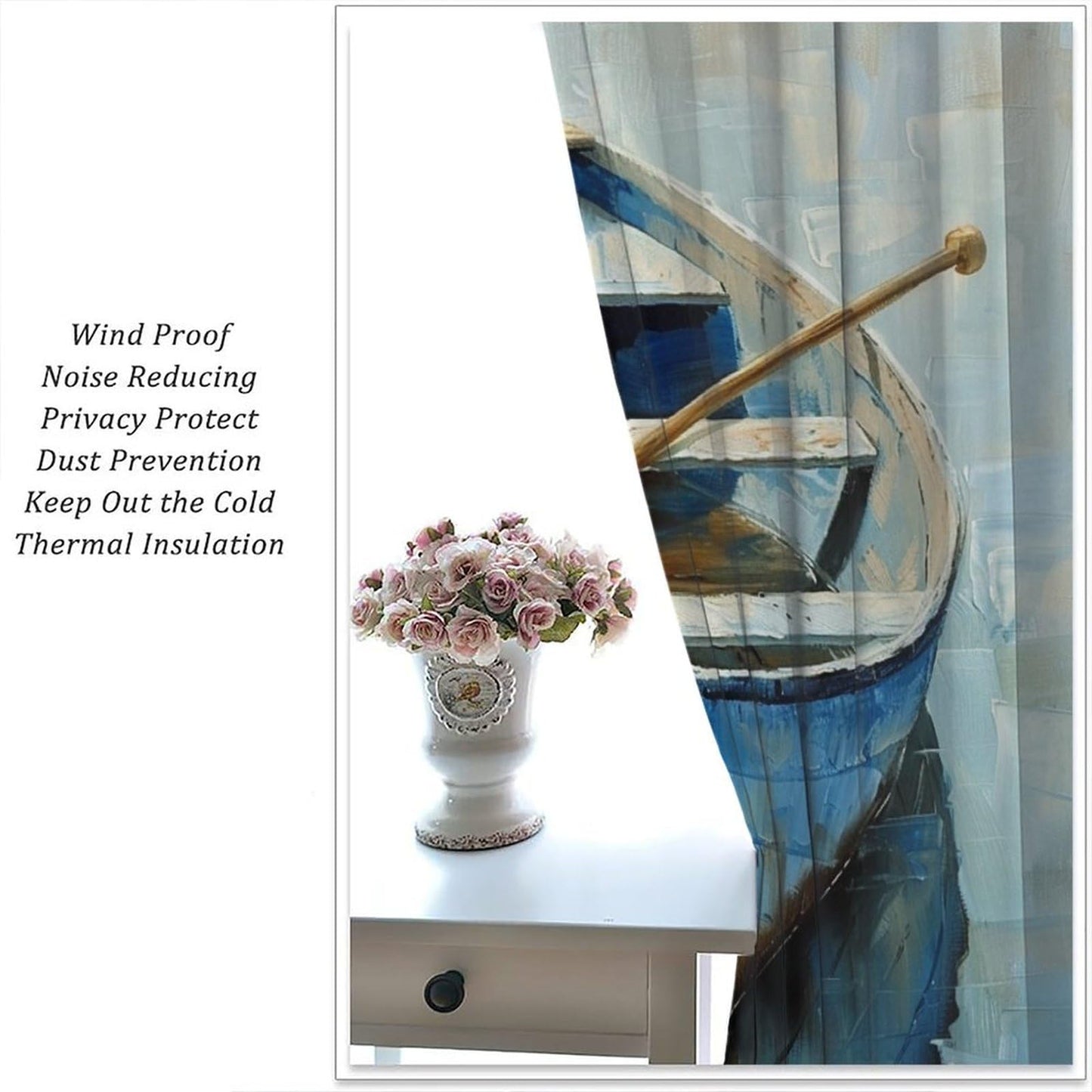 TOWINSFB Oil Painting Boat Blackout Curtains for Bedroom Living Room, Blue Wooden Ship Lake Curtains Rod Pocket Thermal Insulated Window Drapes, 2 Panels/Each 21" W x 45" L