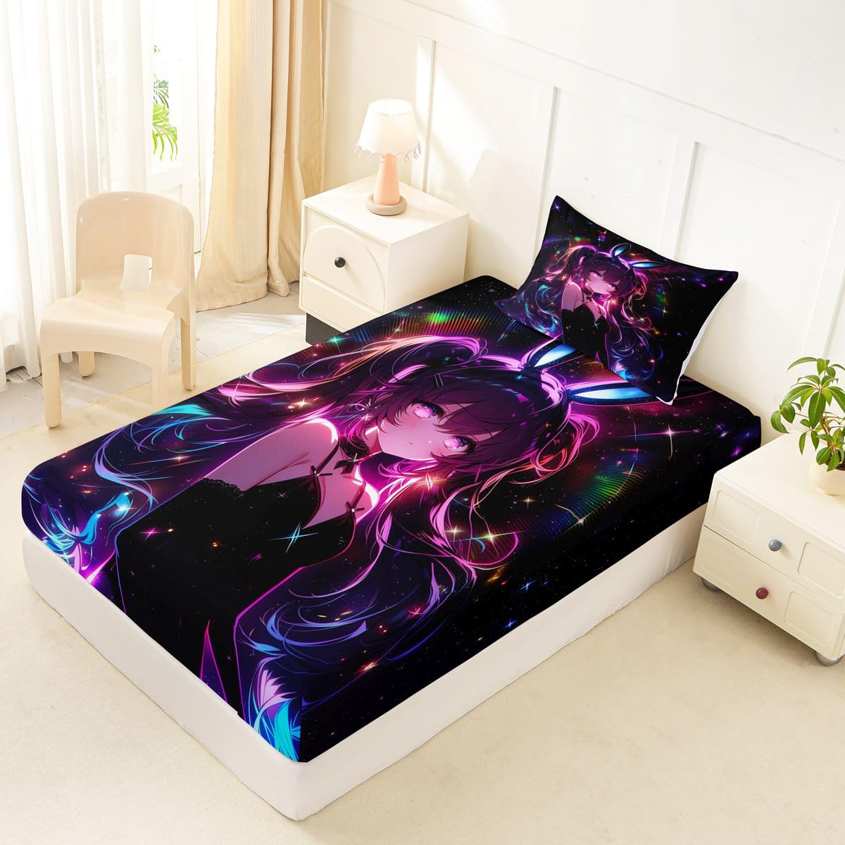 Erosebridal Cute Bunny Girls Twin Bed Sheets Japanese Anime Girl Fitted Sheet,Cartoon 3D Kids Bedding Sets Magical Neon Stars Sheets with 1 Pillowcase