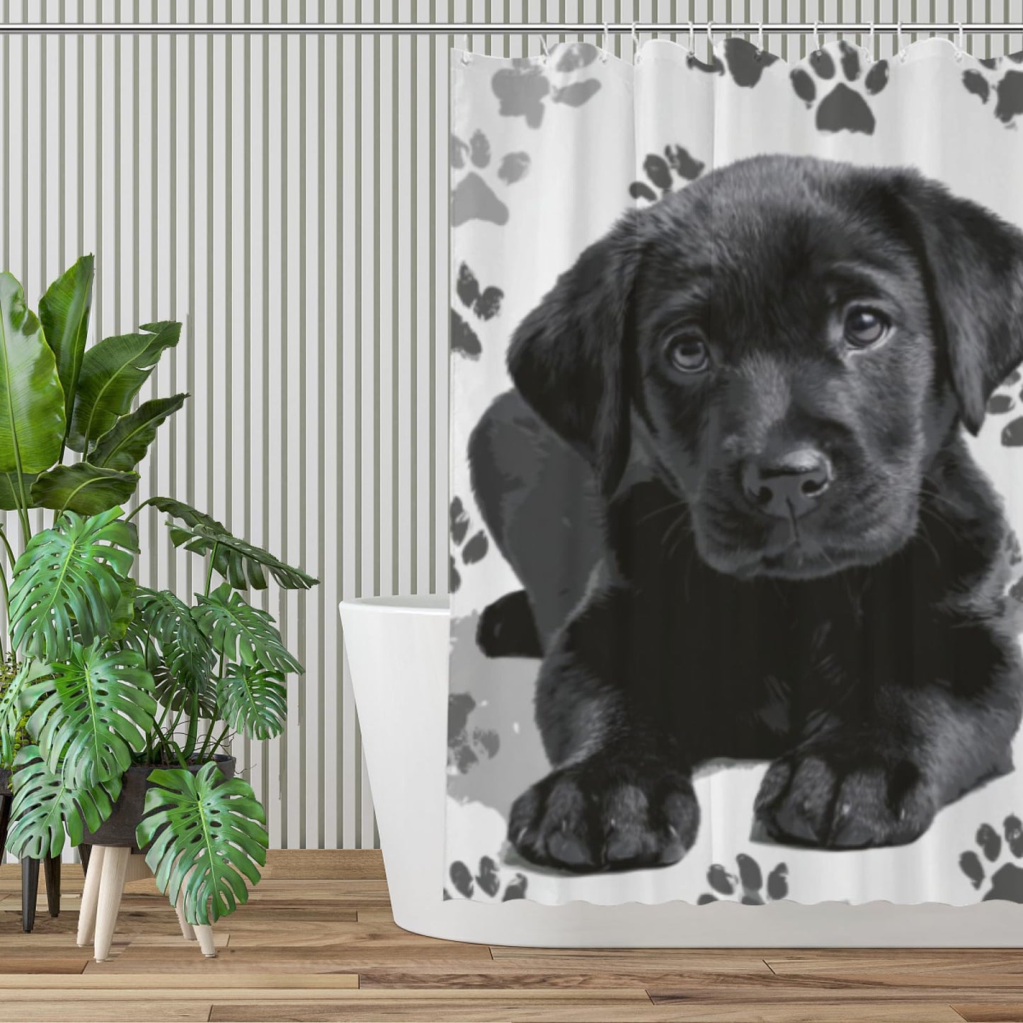 Wordatu Shower Curtain Pawprint Black Labrador Dog Animal Paw Black and Gray Waterproof Polyester Fabric 72x72 Inches Set with Hooks