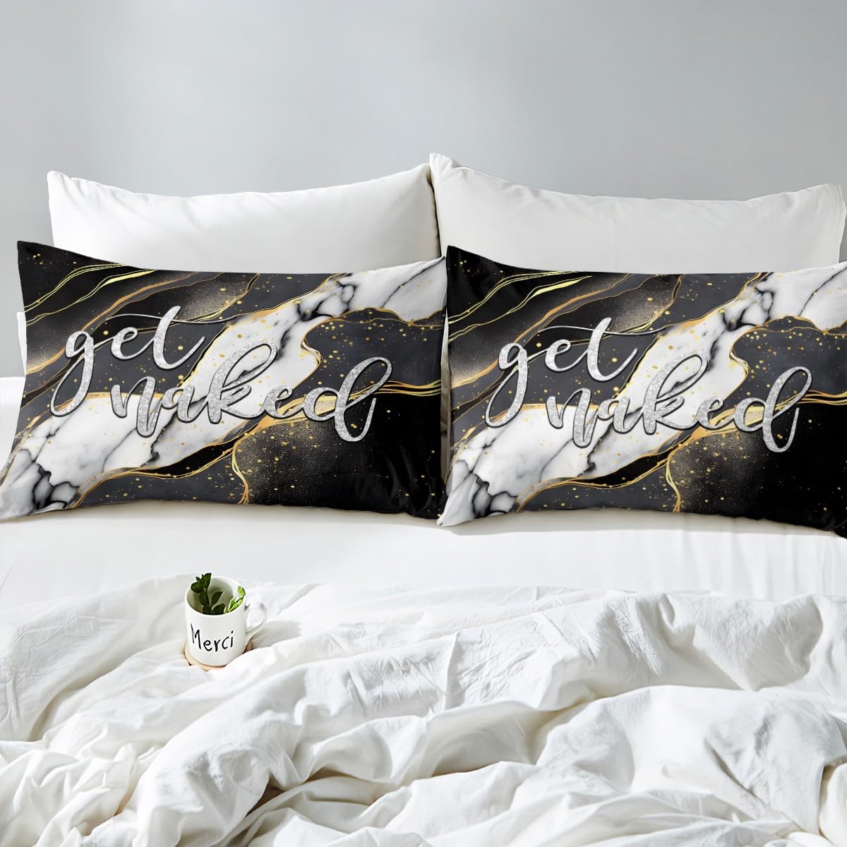 Feelyou Get Naked Bedding Set Kids Marble Bed Sheet Set Grey Black White Gold Fitted Sheet for Boys Girls Women Men Bedroom Decor Funny Quote Simple Modern Lightweight Bedding Sheets Full Size 3Pcs