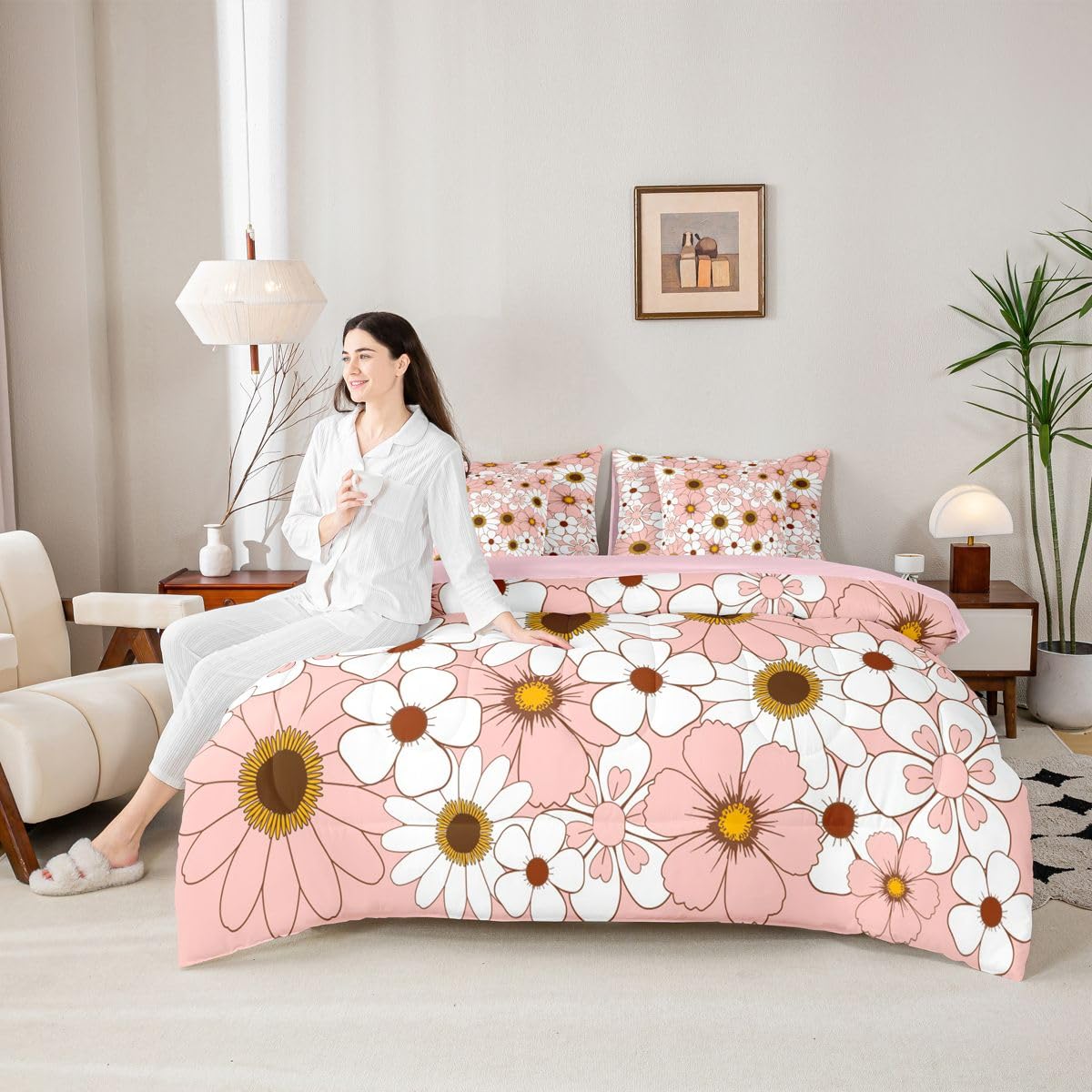 Erosebridal 7 Pcs Pink Daisy Bedding Set Twin for Girls Boho Floral Comforter Set with Sheets for Kids Teens Women Coquette Room Decor Groovy Floral Bed in A Bag Aesthetics Flower Bed Sets All Season