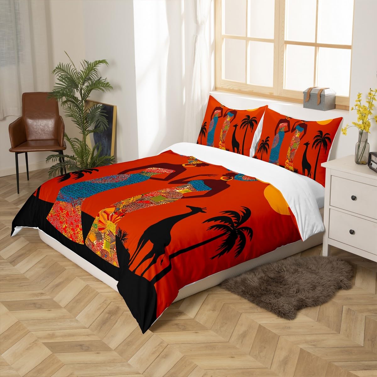 African Woman Themed Duvet Cover Brown African Pattern Bedding Set Ethnic Afro Giraffe Comforter Cover for Women Adults Room Decor Black Palm Tree Print Bedspread Cover Twin Size With 1 Pillow Case