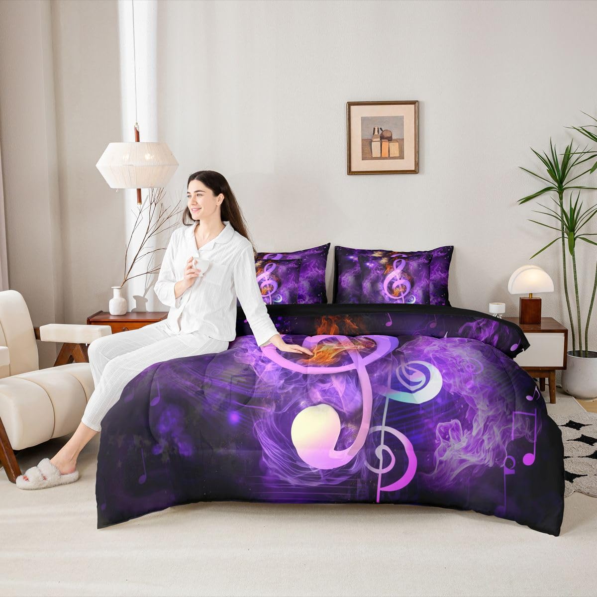 Erosebridal Musical Notes 7 Piece Comforter Set Full Bed in a Bag,Music Bedding Sets Watercolor Hippie Pop Sheet Set with Comforter