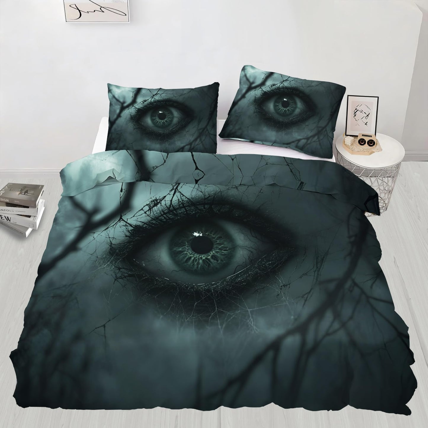 PAISUOQ Gothic Bedding Sets Full, Horror Eyes Comforter Cover with Zipper Ties, Dark Black Duvet Cover with 2 Pillowcases, 3 Pieces，Bedroom Decor & Gifts