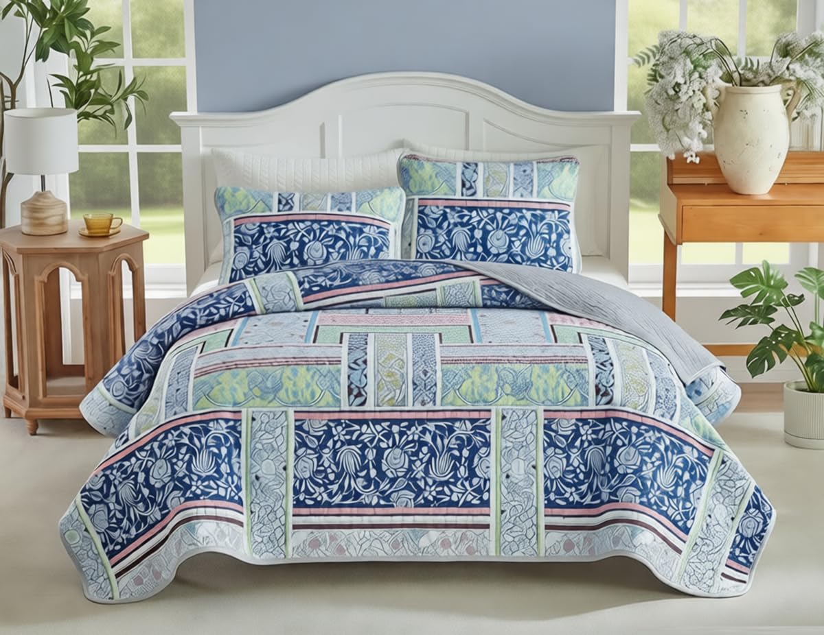 Andreannie Boho Style Quilts King Size Bedding Set Quilted Bedspread Blue Bohemian Blue Floral Soft and Lightweight Bedspread for All Season, Bedding Coverlet with 2 Matching Pillow Shams (3 Pieces)
