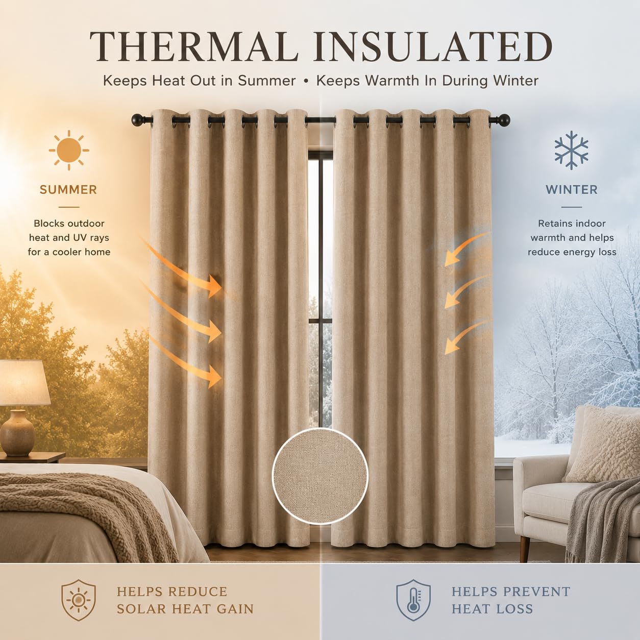 Fchozu 100% Blackout Curtains Set of 4 Panels, Grommet Drapes, Thermal Insulated and Noise Reducing Room Darkening Curtains for Bedroom Living Room