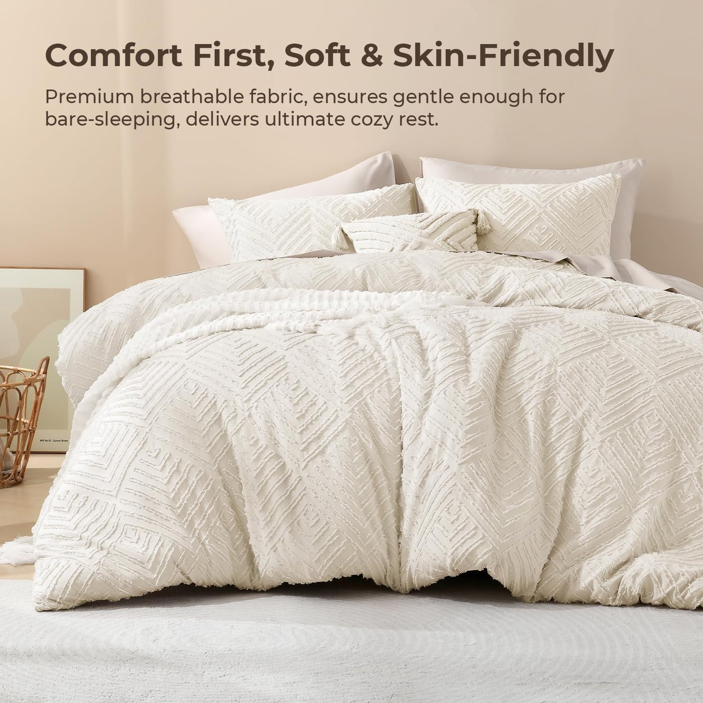 Litanika Queen Comforter Set Beige, 3 Pieces Cream Tufted Boho Farmhouse Bedding Comforter Sets, Lightweight Fluffy Comforter Bed Set for All Season (90x90In Comforter and 2 Pillowcases)