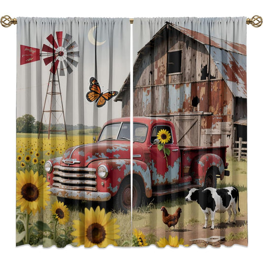 Rustic Farmhouse Red Truck Blackout Curtains-Retro Farm Barn Windmill Rod Pocket Back Tab Drapes,Vintage Country Sunflower Cow Chicken Thermal Insulated Light Blocking Curtain,2pcs,Each 21“W x 45”L
