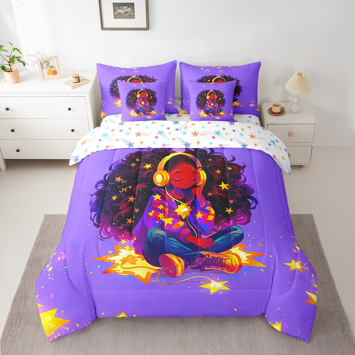 jejeloiu Kids Cute Black Girl Comforter Set 7 Pieces Full Size African American Girl Bedding Set for Boys Girls Music Bed in a Bag with Comforter, Sheets, Pillowcases & Cushion Covers（No Glitter）