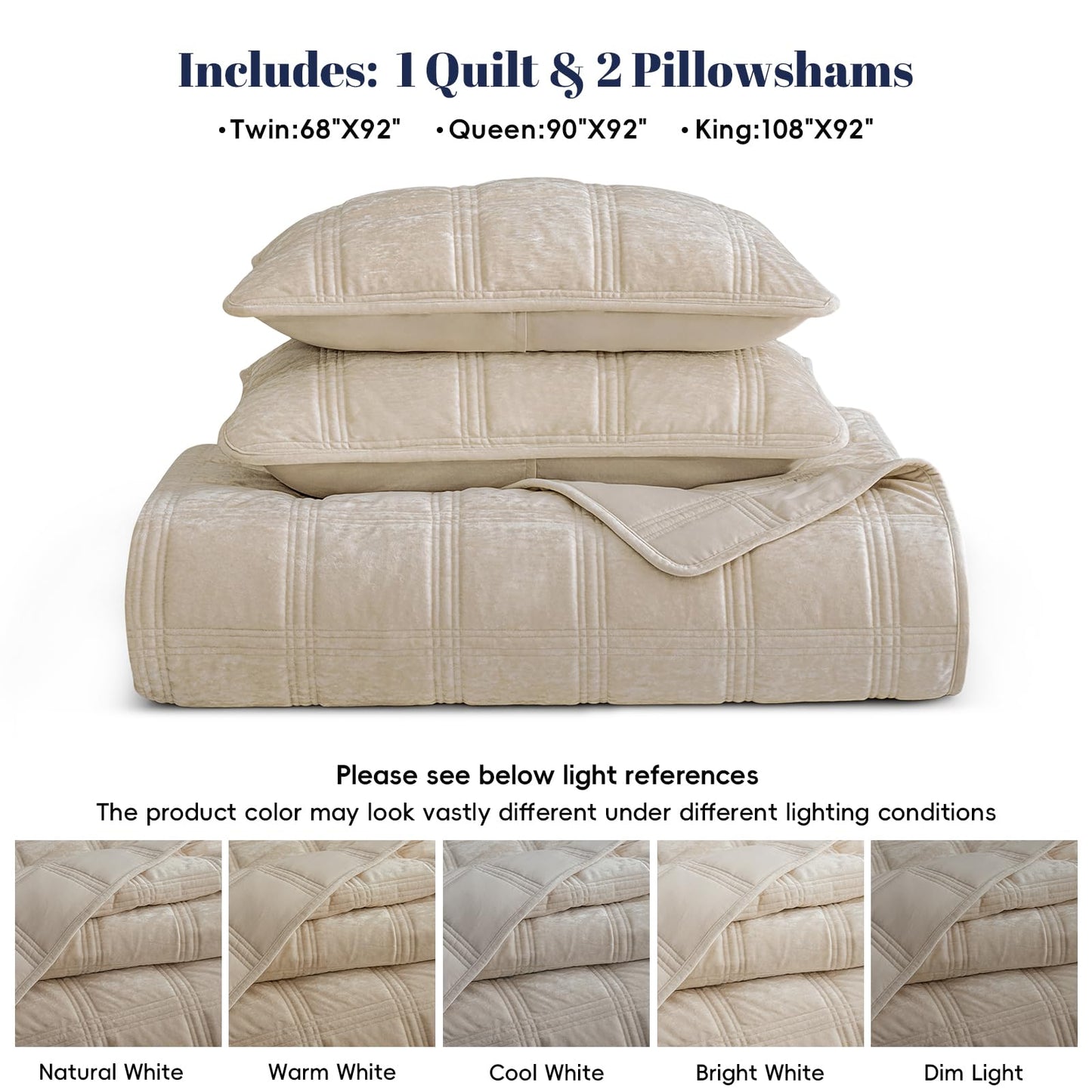PHF Ultra Soft Velvet Quilt Set Queen Size – 3PCS Luxurious Cozy Quilted Comforter Alternative with Diamond Pattern, Warm Quilted Bedspread Coverlet, 90" x 92", Oxford Tan