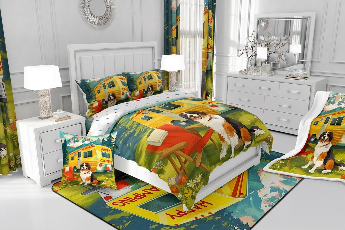 Erosebridal Camping Comforter Set for Kids Boys Girls Camper Rv Accessories Bedding Happy Camping Duvet Set Rustic Cabin Decor Comforter King with 2 Pillowcases