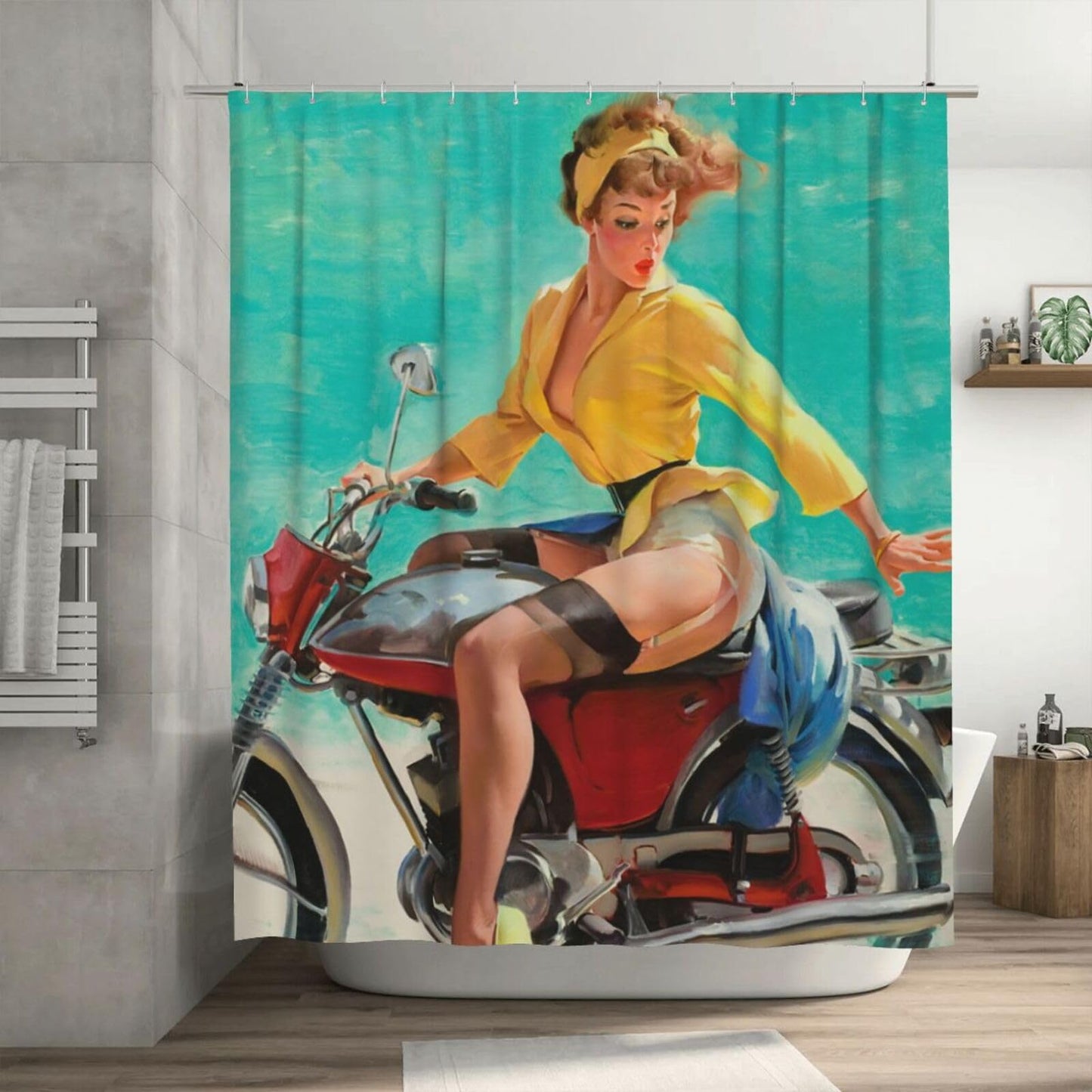 FUNNY KIDS' HOME Retro Pin up Girl Shower Curtains for Bathroom Oil Painting Art Canvas Style Bathroom Decor Sexy Lady Ride a Mortorbike Waterproof Polyester 72(w) x72(h)
