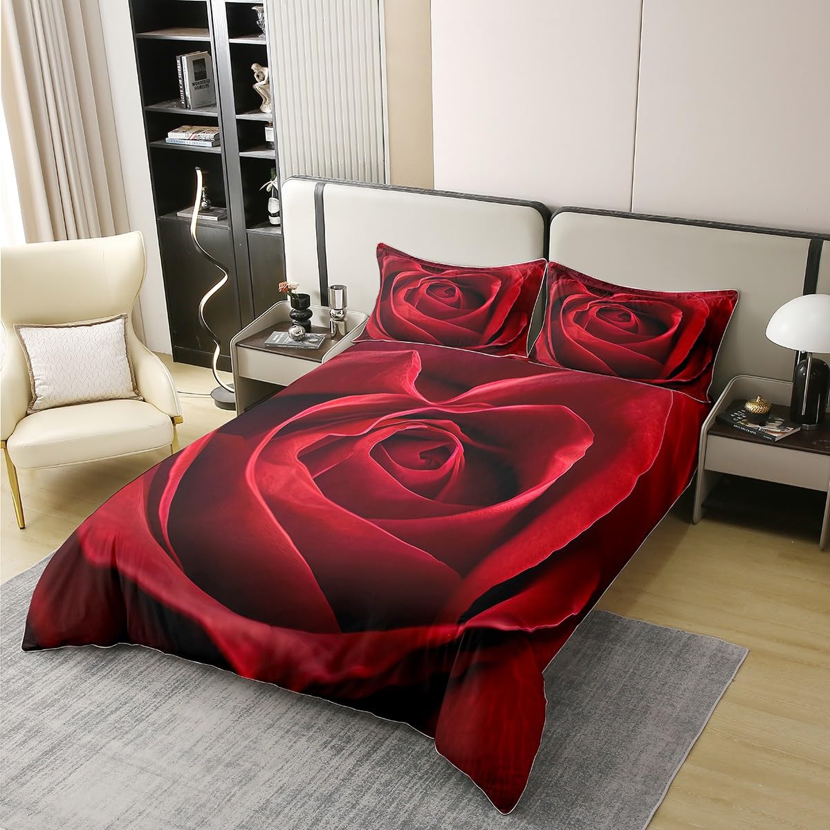 Erosebridal 100% Natural Cotton Rose Bedding Set Red Rose Comforter Cover Romantic Theme Duvet Cover Valentine's Day Print Bedspread Cover 1 Duvet Cover with 2 Pillow Cases Queen Size Red