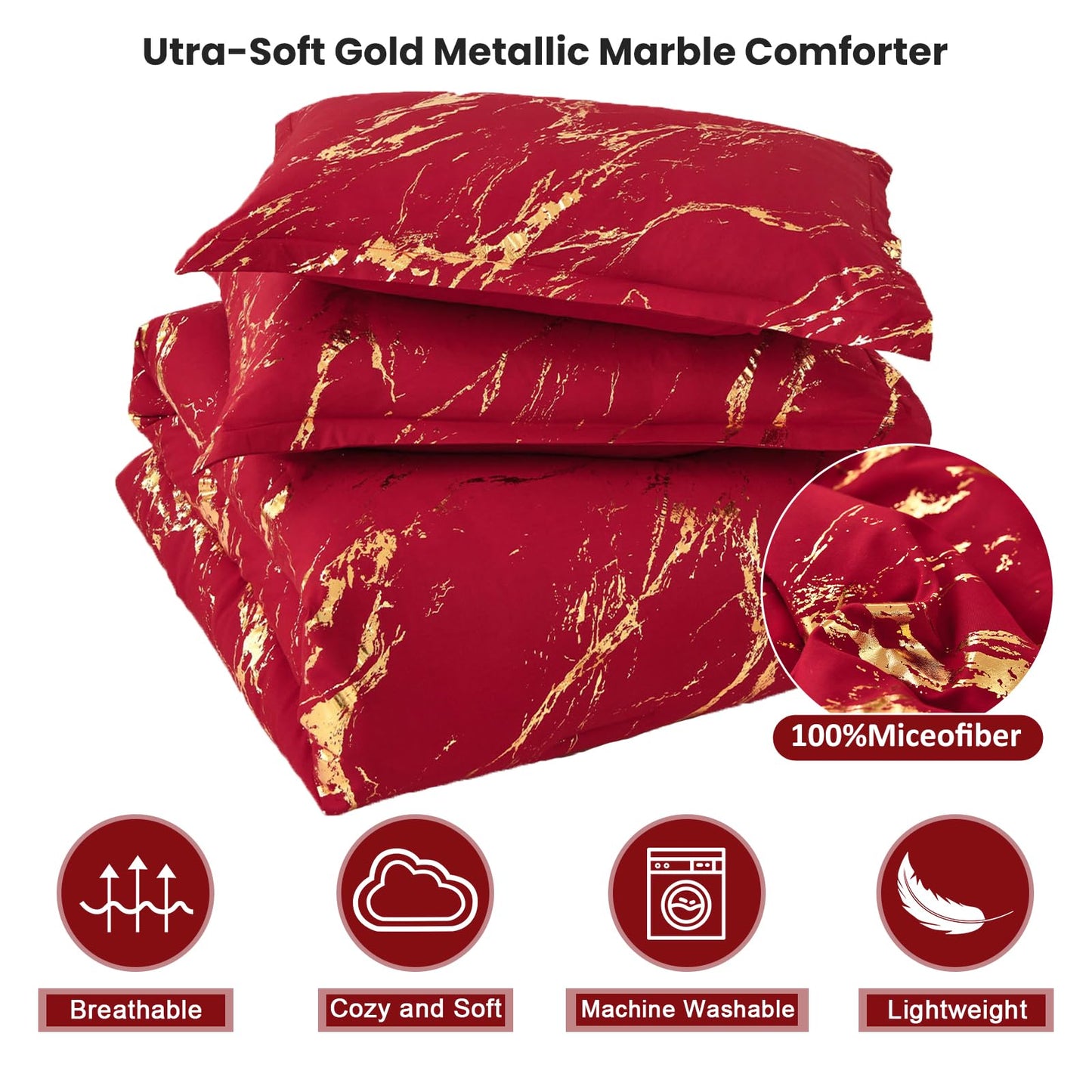 WONGS BEDDING Red Gold Metallic Marble Comforter Set Queen,Red Christmas Bedding Sets with 2 Pillowcases for All Seasons, Soft Microfiber Filling Bedding Duvet Set 90/inx90/in