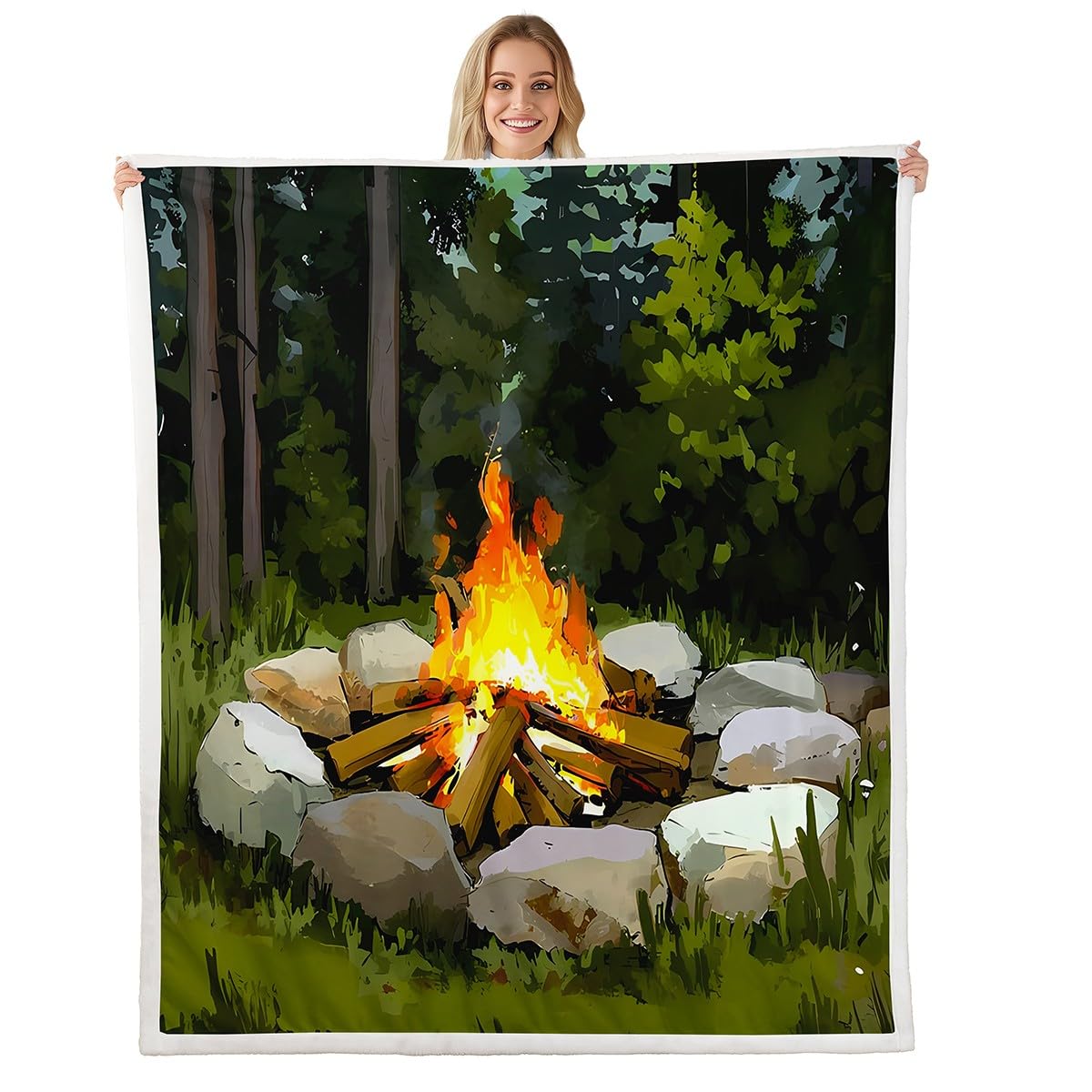Feelyou Campfire Throw Blanket Fun Woodland Campsite Soft Fleece Sherpa Cozy Fuzzy Plush Warm Summer Happy Camping Fuzzy Plush Throw Forest Animals 40"x50" for Bed Couch Living Room
