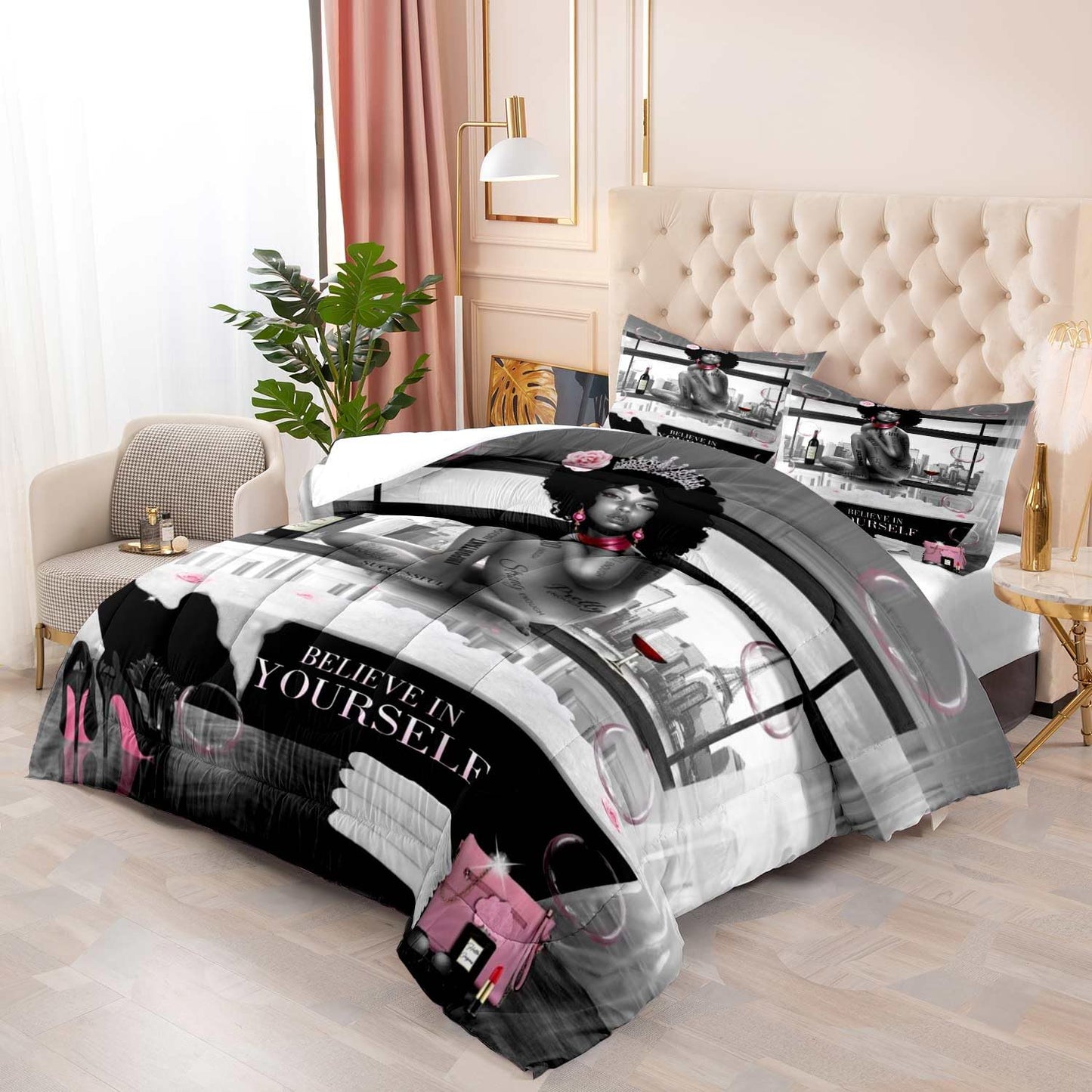 LUVIVIHOME 3PCS African American Black Girl Comforter Set, King Size Comforter Set, Bag High Heels Inspirational Quotes Black and White Bedding Quilt, Pink Bedroom Decor for Women, 2 Pillow Shams