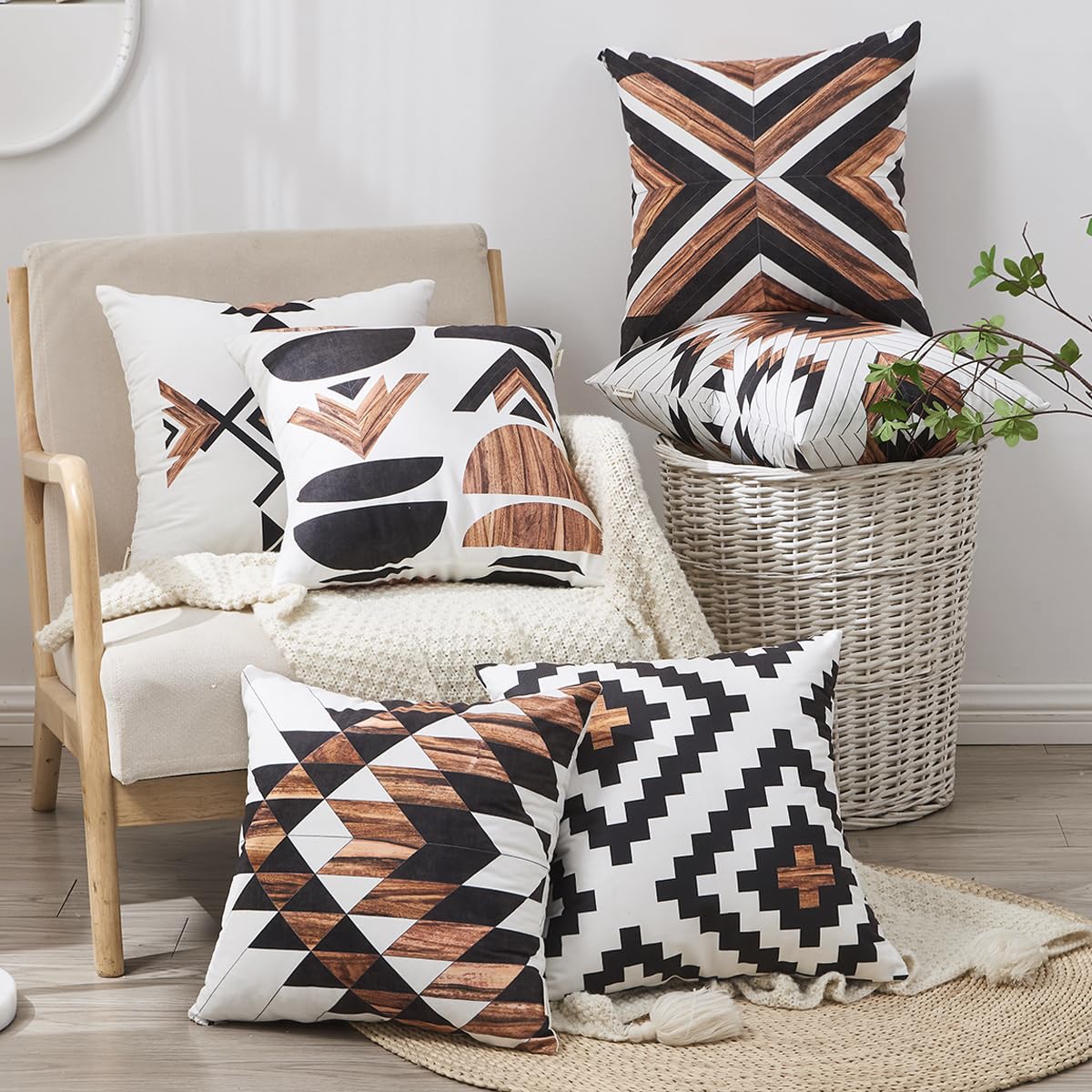 Ceexolliss Aztec Throw Pillow Covers Set of 6,Rustic Southwestern Western Brown Wooden Texture Home Decor Ethnic Farmhouse Outdoor Couch Decorative Cushion Case 18"X18"