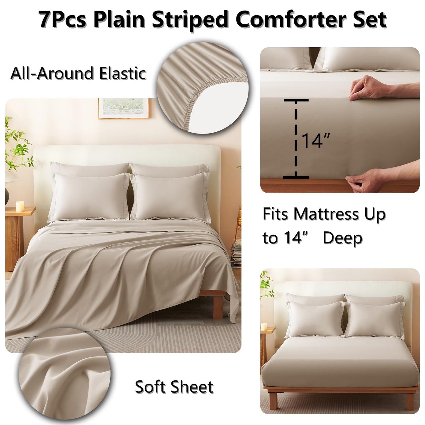 CozyLux King Size Comforter Set Wheat - 7 Pieces Bed in a Bag, Modern Vertical Quilted Room Decor, Soft All-Season Bedding Gift with Comforter, Sheets, Pillowcases & Shams