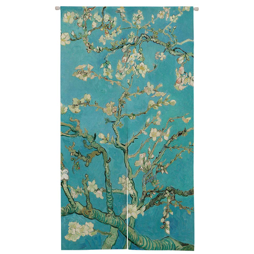 Ofat Home Japanese Noren Doorway Curtain Tapestry, Artistic The Materpiece Apricot Blossom Almond Kitchen Bedroom Bathroom Door Divider Decor, Green, 33.5"x 59"