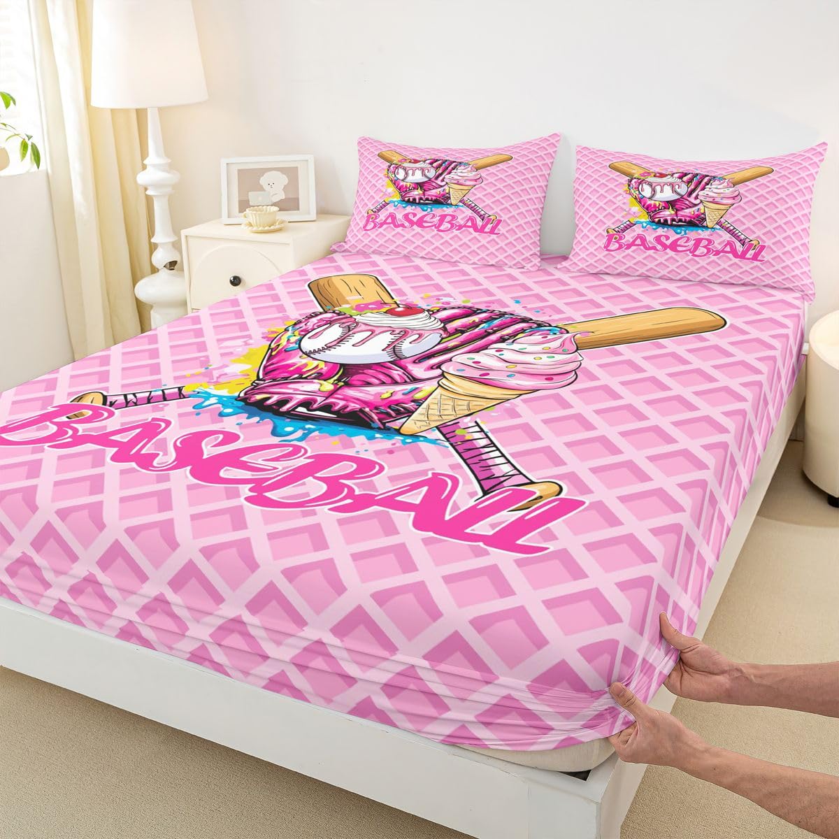 Homewish Baseball Ice Cream Drip Kids Sheet Full Size,Baseball Bat Gloves Ball Sport Competition Bedding Set, Biscuit Cherry Dessert Softball Kids Room Decor,Pink Sheet(Fitted+Flat+2 Pillowcases)