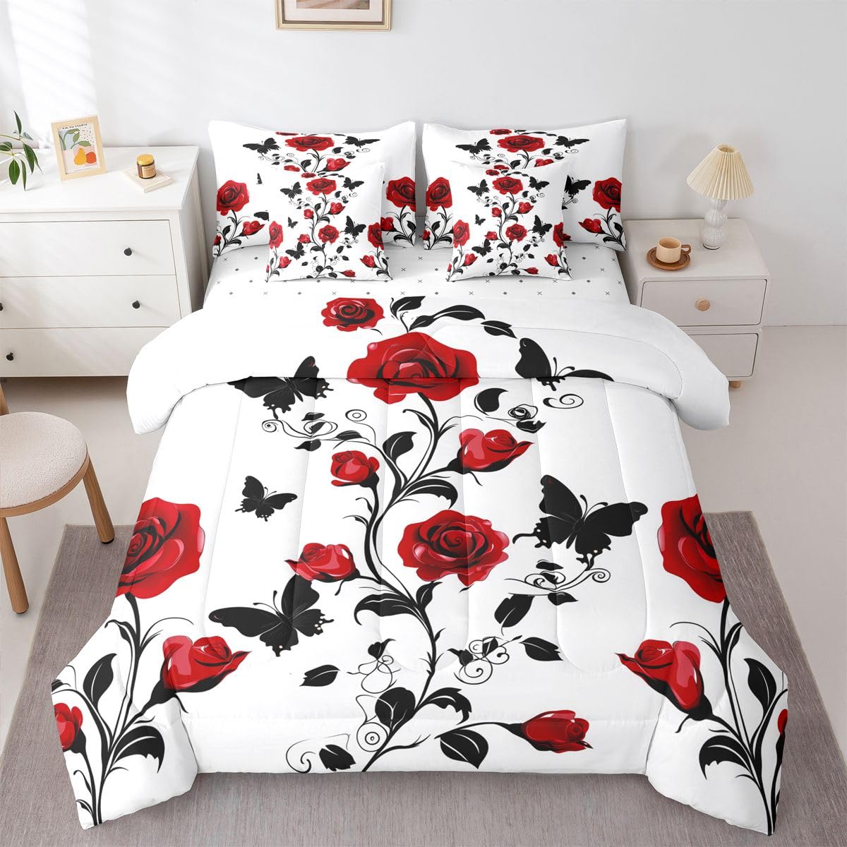Erosebridal Red Rose Full Bedding Set - Valentines Day Flowers Bed in A Bag,Gothic Roses Butterfly Printed Comforter Sets with Sheets, Rose Decor 7 Pieces Bed Set Bedroom Decor