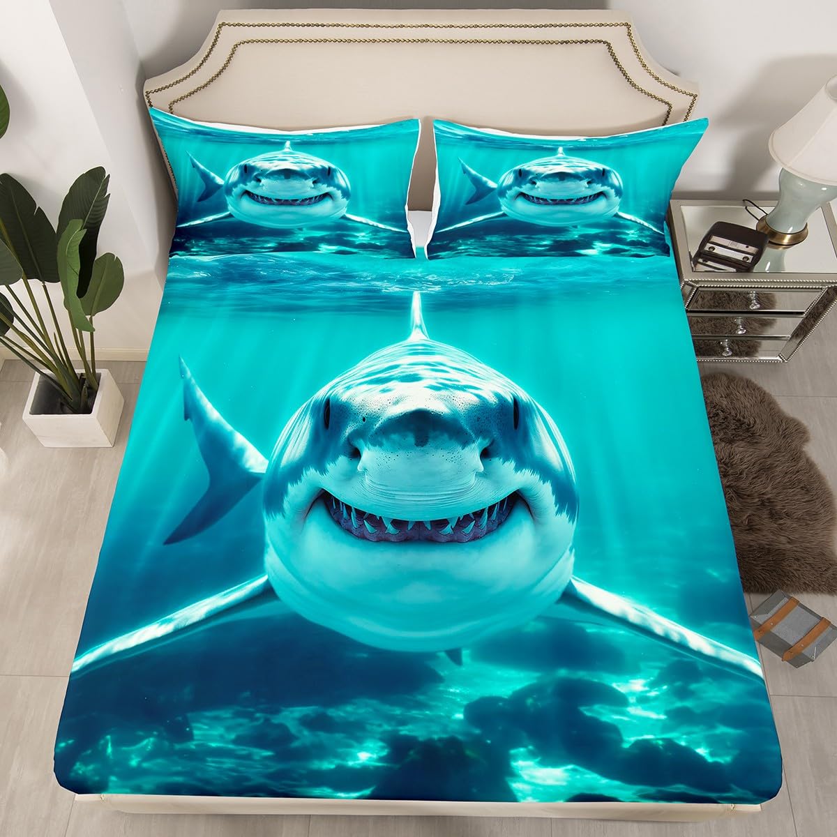 Feelyou Kids Shark Fitted Sheet Ocean Creature Bed Sheet Set Deep Pocket Sea Animal Bedding Baby/Boys Queen Size Includes 1 Sheets & 2 Pillowcases (No Flat Sheet)