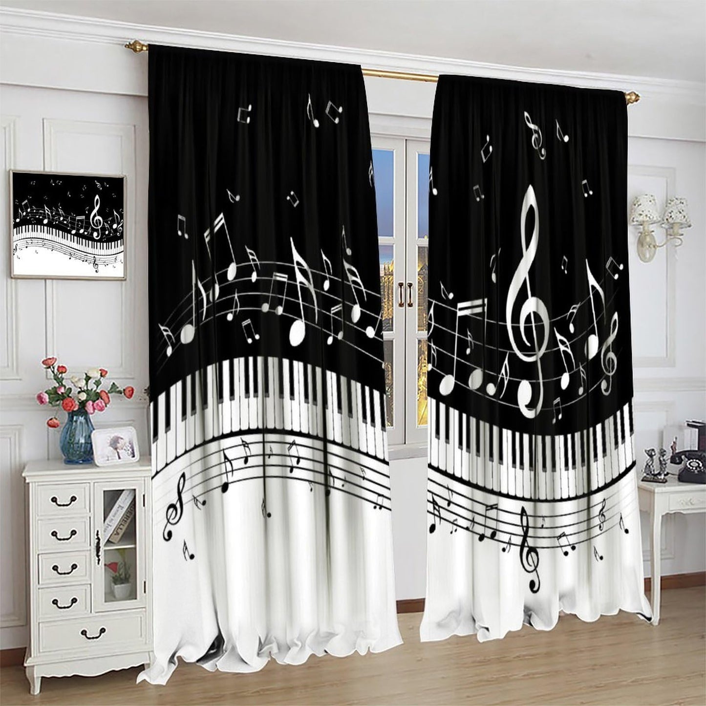 Music Notes Curtain, Black White Musical Notes Piano Key Musical Instruments Modern Romantic Art Window Drapes for Bedroom Living Room 42" W X 45" L(No Blackout)