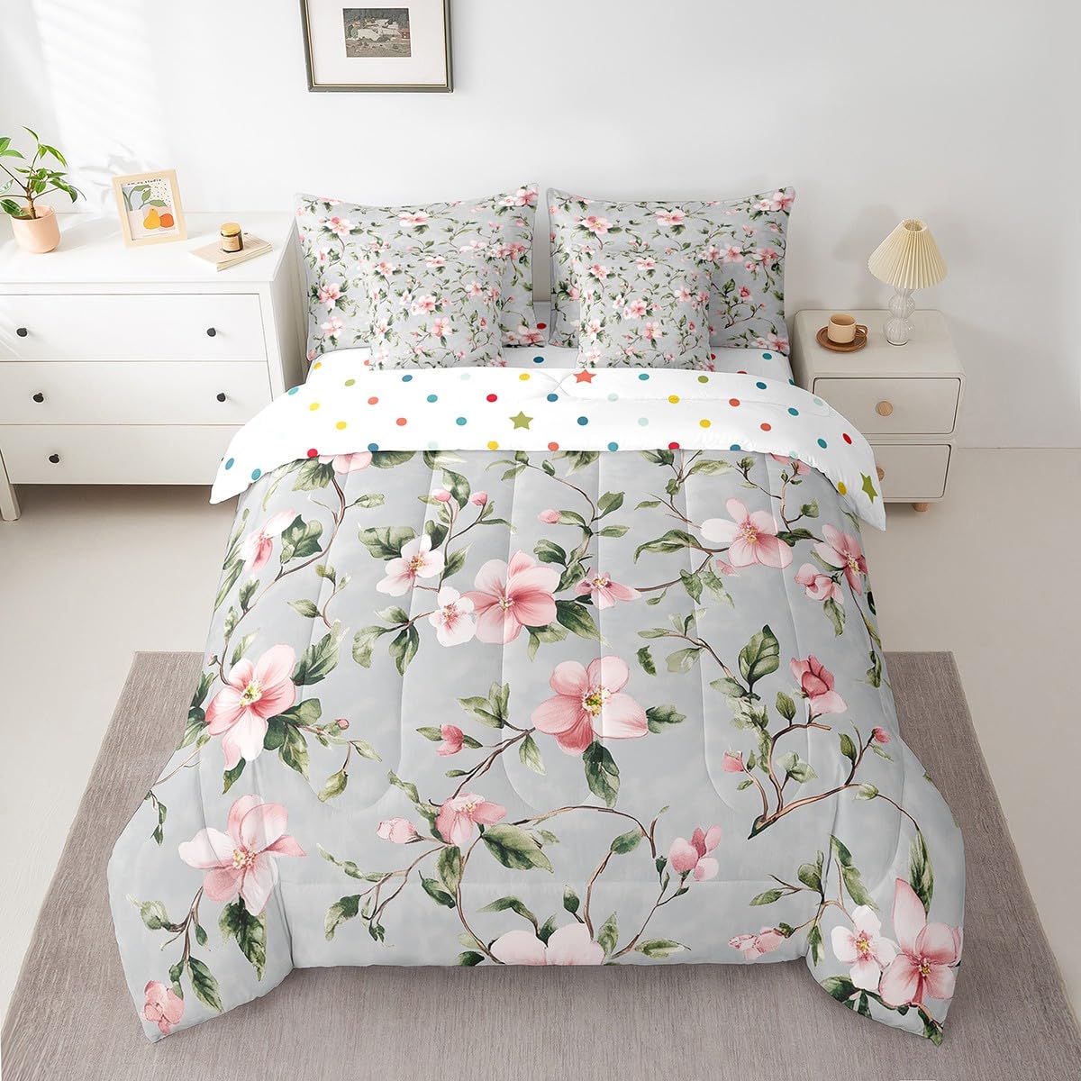Erosebridal Hibiscus Comforter Set 7 Piece Bed in a Bag Twin,Garden Floral Tropical Plant Bedding Sets Botanical Shrubalthea Sheet Set with Comforter,Hibiscus Syriacus Tree Branches Leaf Bed Set