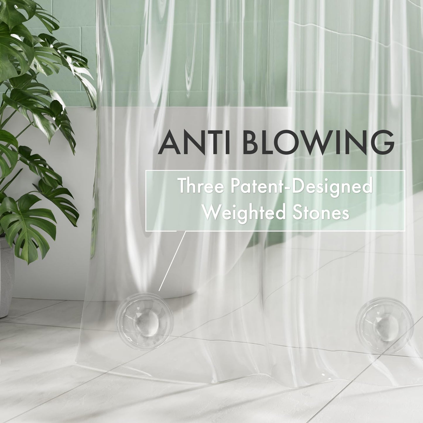 AmazerBath No Hook Shower Curtain and Liner 3-in-1, 100% EVA Luxury Soft Heavy Duty Clear Shower Liner, 72x75 Hookless Shower Curtain with 3 Heavyweight Stones