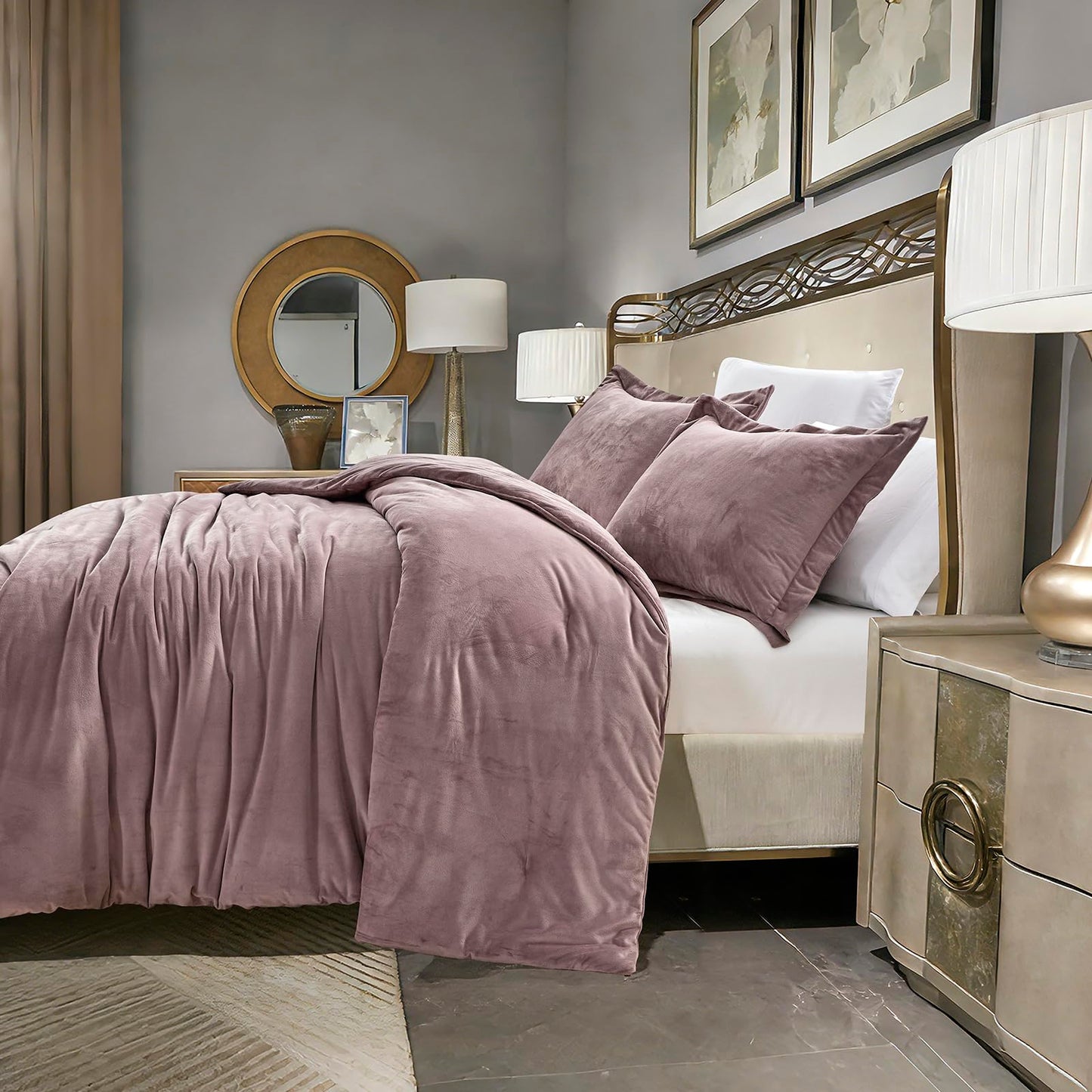 HUMESIIL Poly Plush Comforter Set, Poly Plush Fabric for Both Front and Reverse, with Downalternative Fill, 3 Pieces King 106"x96", Dusty Mauve