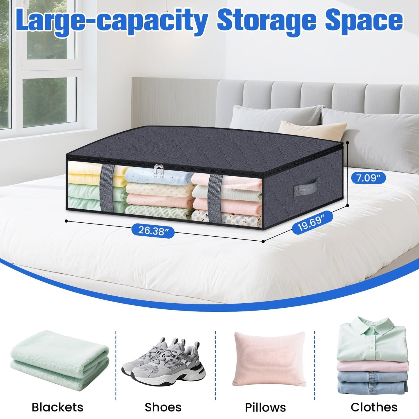 TasticTotes Under Bed Storage Containers, 6 Pack Blanket Storage Bags, Collapsible Storage Bags with Big Zippers, Clear Front, Shoe Storage and Organization for Clothes, Comforter, 60L, Grey