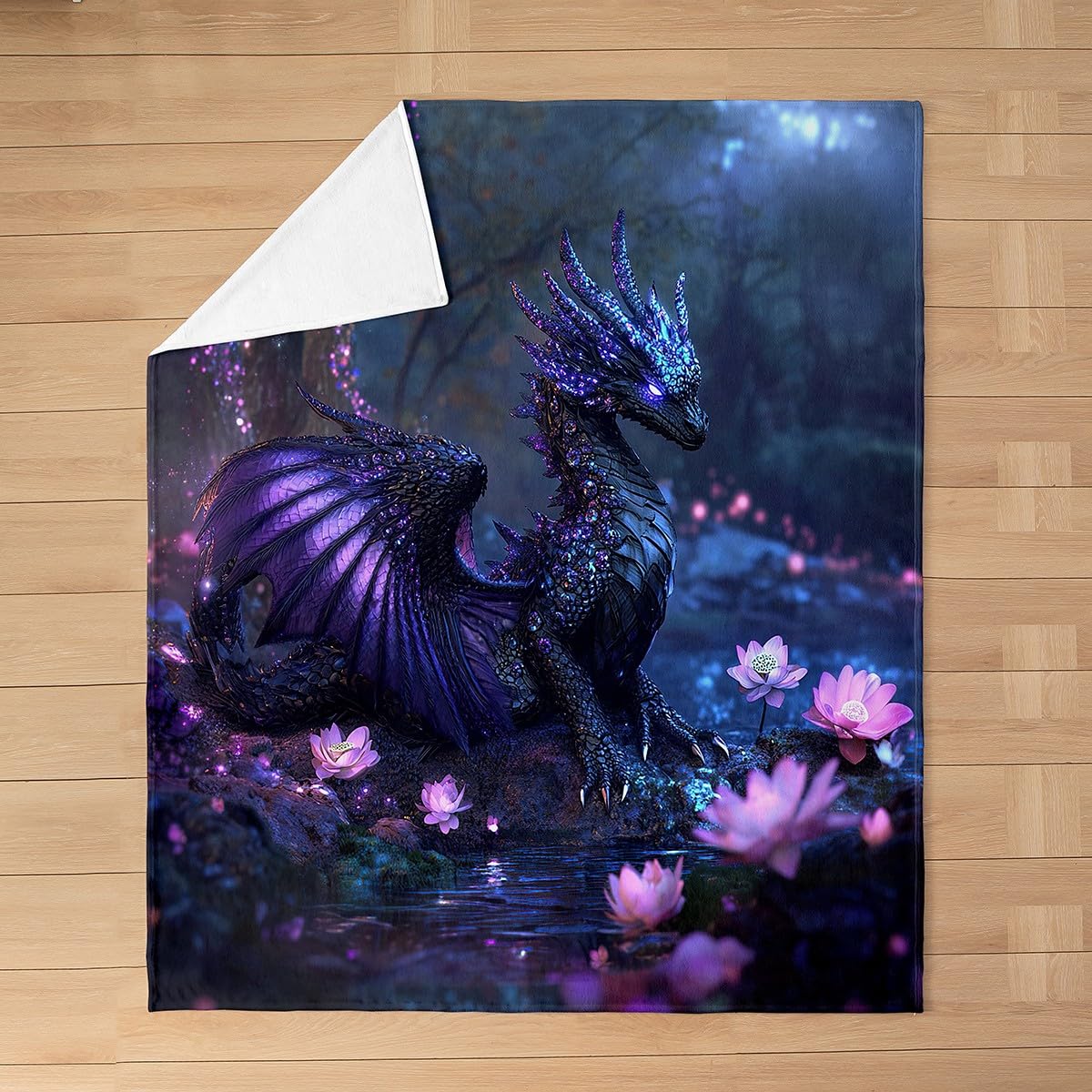 Feelyou Dragon Plush Throw Blanket Queen 90"x90" Dragon Stuff Flannel Fleece Blanket for Boys Girls Teens Wild Life All Season Bed Blanket Flower Blanket Room Decor Black Purple