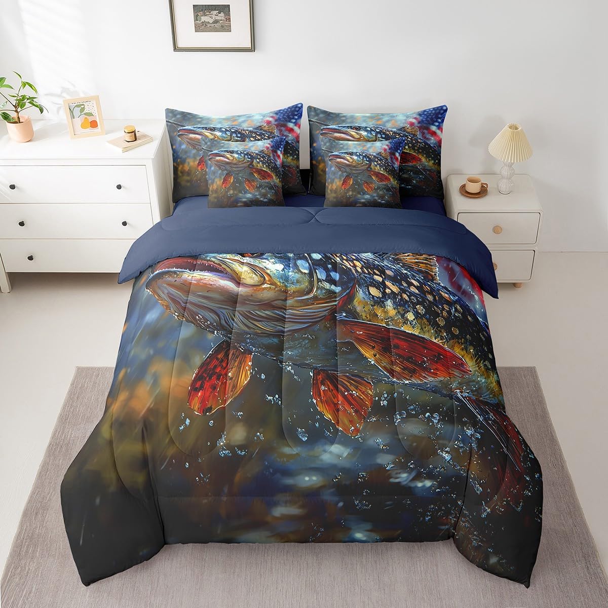 Erosebridal 3D Underwater World 7 Pcs Comforter Set Queen Size,Fish Sealife Bed in a Bag with Flat Sheet and Fitted Sheet for Kids Teens Adult,Tropical Bedding Set with Pillowcase and Sham Reversible