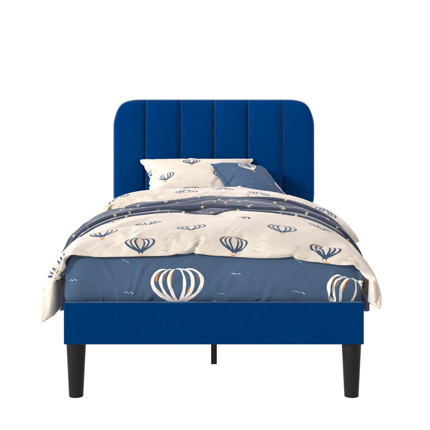 VECELO Twin Size Bed Frame with Upholstered Headboard, Velvet Platform Bedframe Mattress Foundation, Strong Wood Slat Support, No Box Spring Needed,Blue