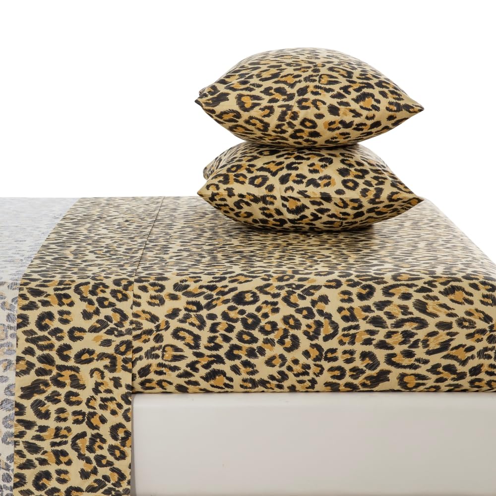 DAUAOTO Queen Size Printed Sheets Set, 100% Cotton Bedding Sets, Up to 14" Deep Mattress, Modern Pattern Bedlinen Set, Leopard Yellow