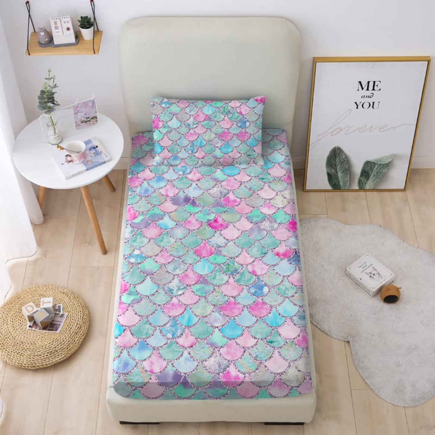 MUSOLEI Mermaid Fitted Sheet Set 3D Rainbow Scales Girls Bedding Set Girl Bed Sheets Girls Twin Sheets 1 Deep Pocket Fitted Sheet with 1 Pillowcase Wrinkle Free Cozy Microfiber (Twin)