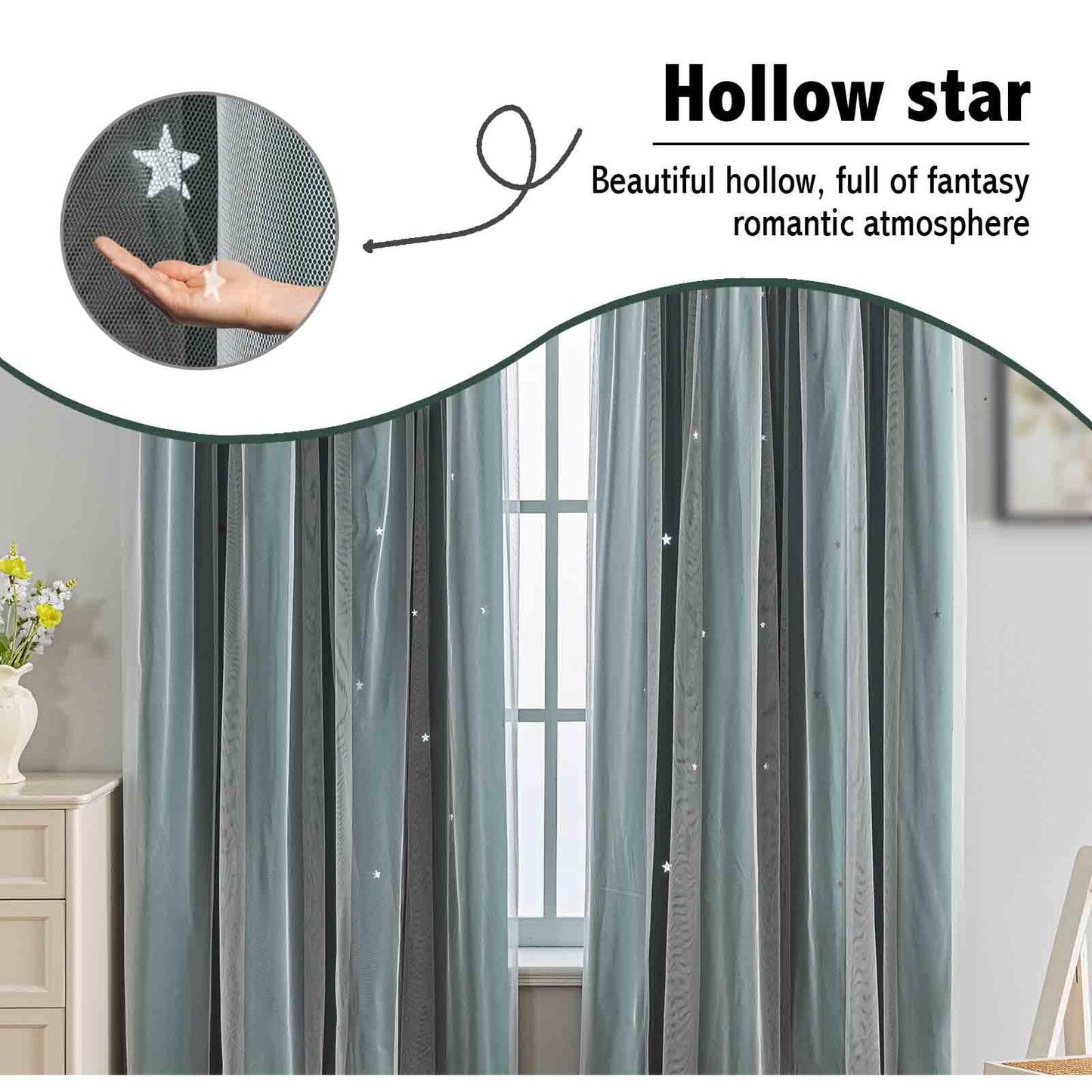 Anytime Romantic Kids Curtain,Hollow-Out Stars Window Curtain Double Layer Blackout Curtains for Girls Bedroom Kids Room 2Panel,(W52 x L95,Dark Green)