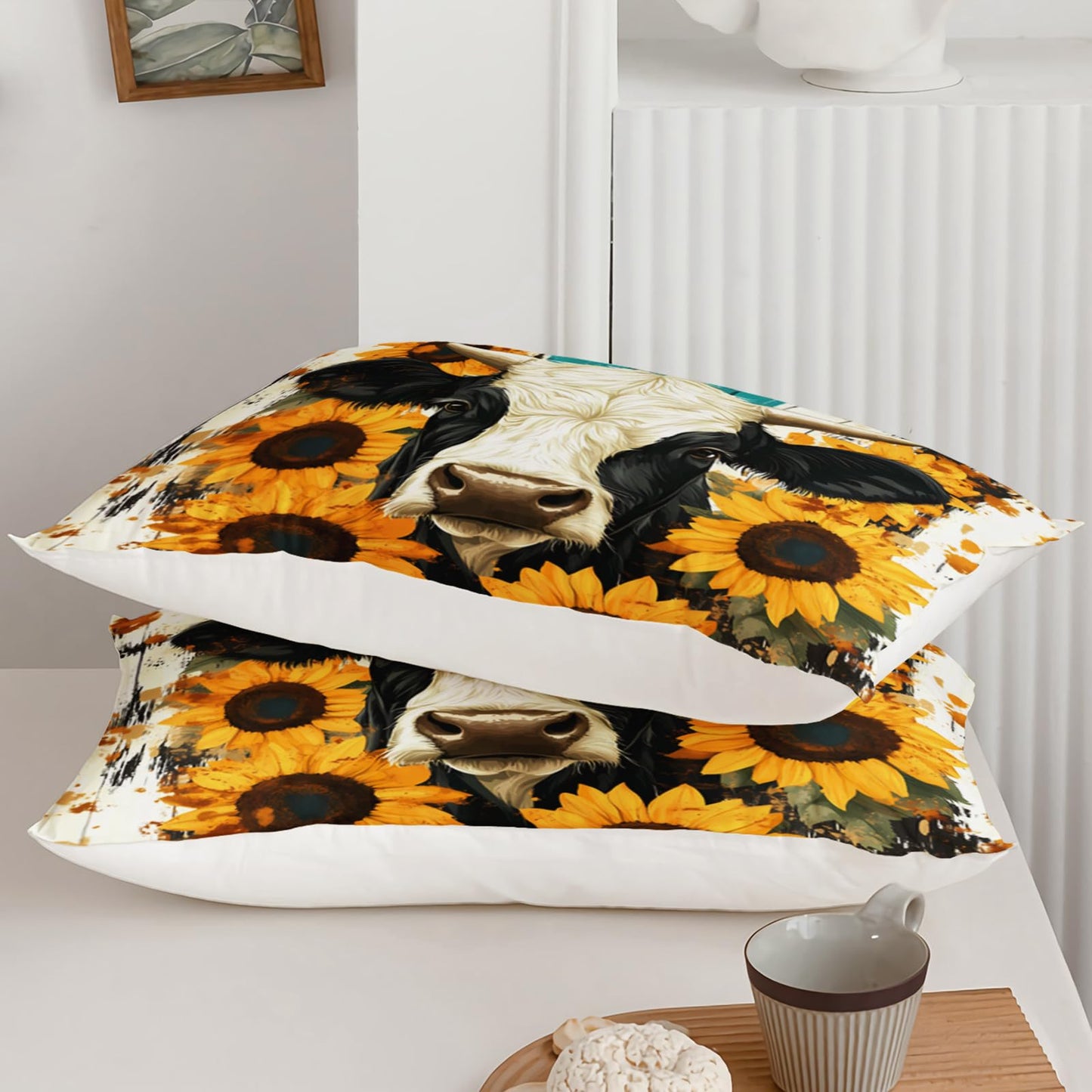 QOOMO Cow Kids Full Comforter Set 3Pcs Farm Animal Bedding Set for Girls Boys Sunflowers Printed Comforter with 2 Pillowcases Lightweight Microfiber for All Seasons