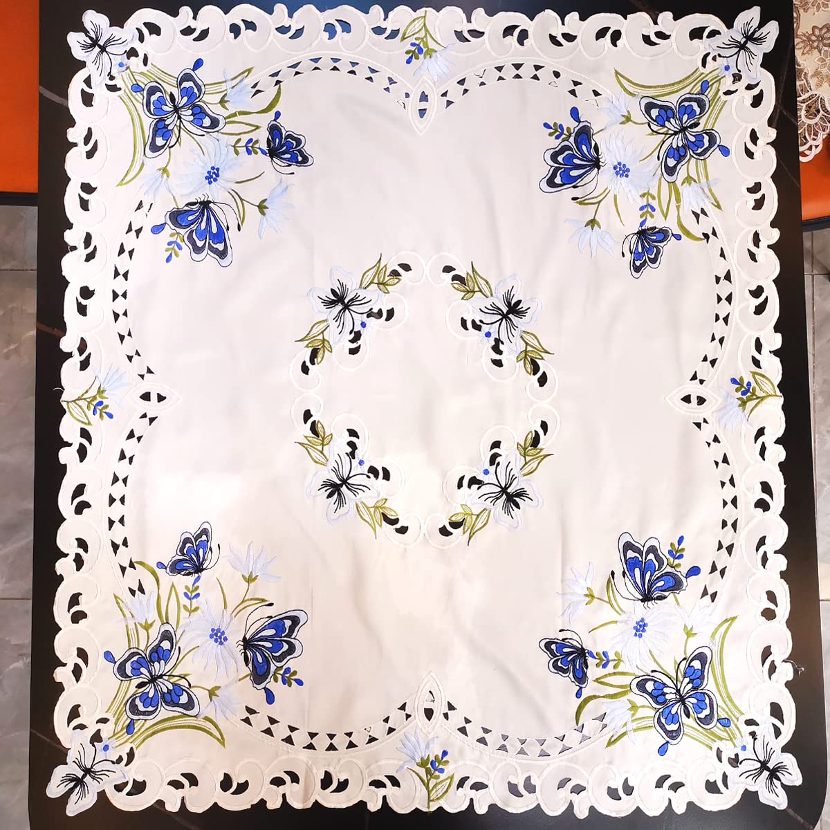 LeLehome 33 Inch Embroidery Square Tablecloth, Blue Butterfly Beige Vintage Classic Lace Floral Dining Small Table Cloth Cover