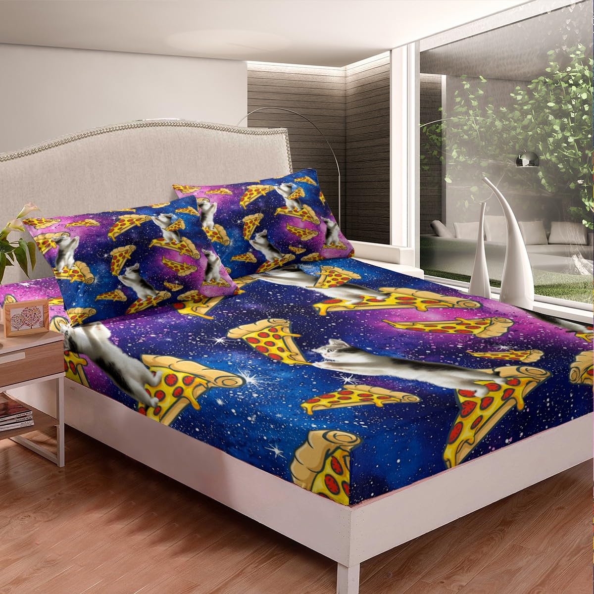 Feelyou Kids Pet Cat Pattern Fitted Sheet Teens Cute Kitten Bedroom Decor for Boys Girls Galaxy Glitter Bedding Set Pizza Print Bed Sheet Set 3D Animal Bed Cover Twin Size