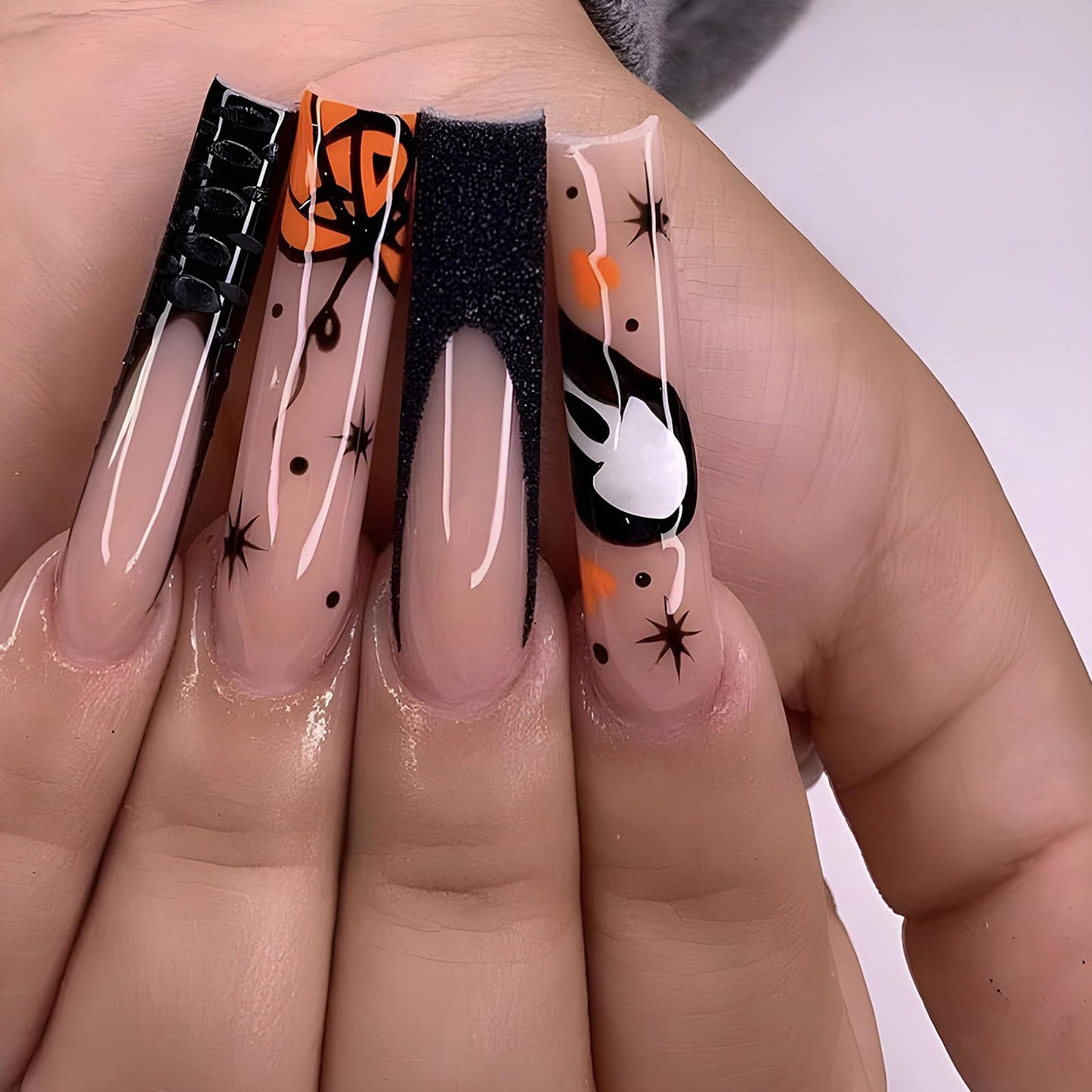 MISUD Press on Nails - Long Coffin Fake Nails with Goth Black, Acrylic Gothic Ghost Design 24 pcs