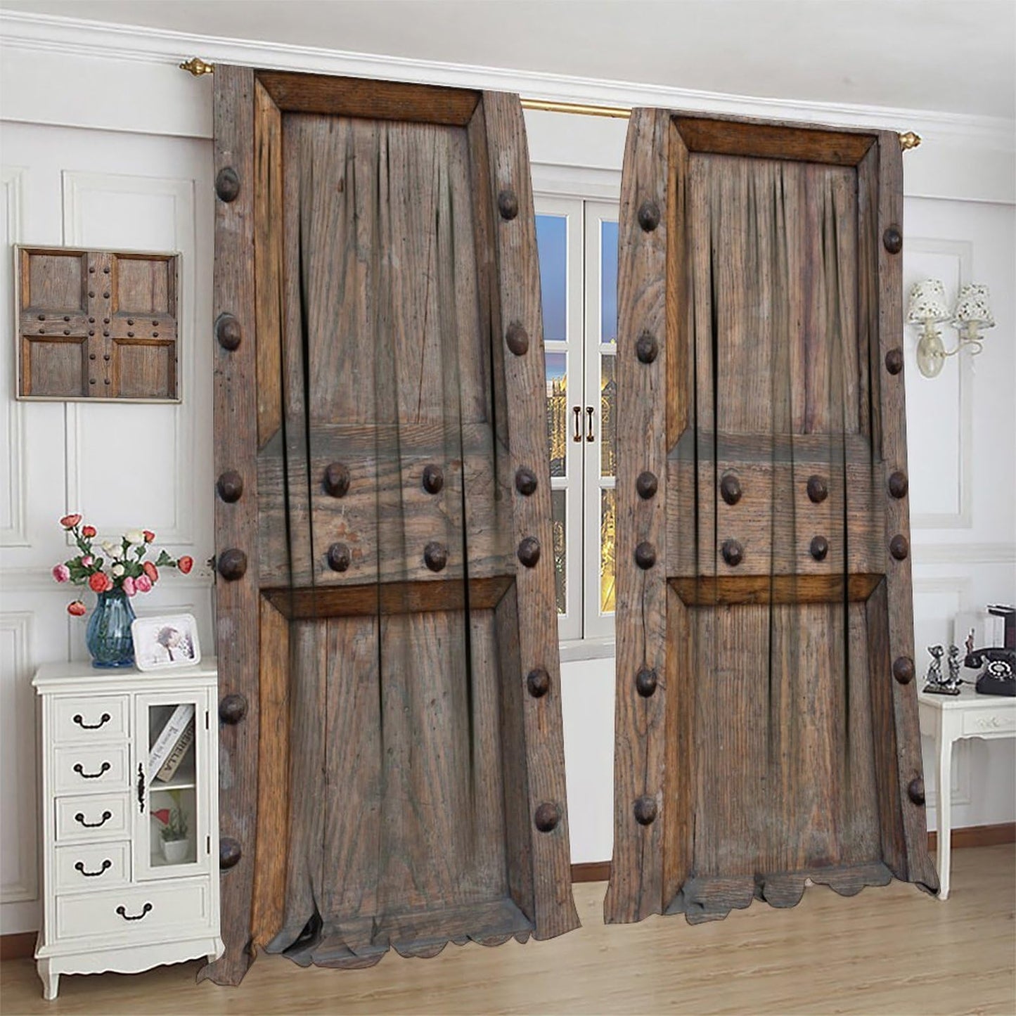 Nanacur Vintage Wood Door Curtains, Rustic Wooden Barn Farmhouse Home Rod Pocket Window Treatment for Bedroom Living Room Kitchen Drapes 41" W X 45" L (No Blackout)
