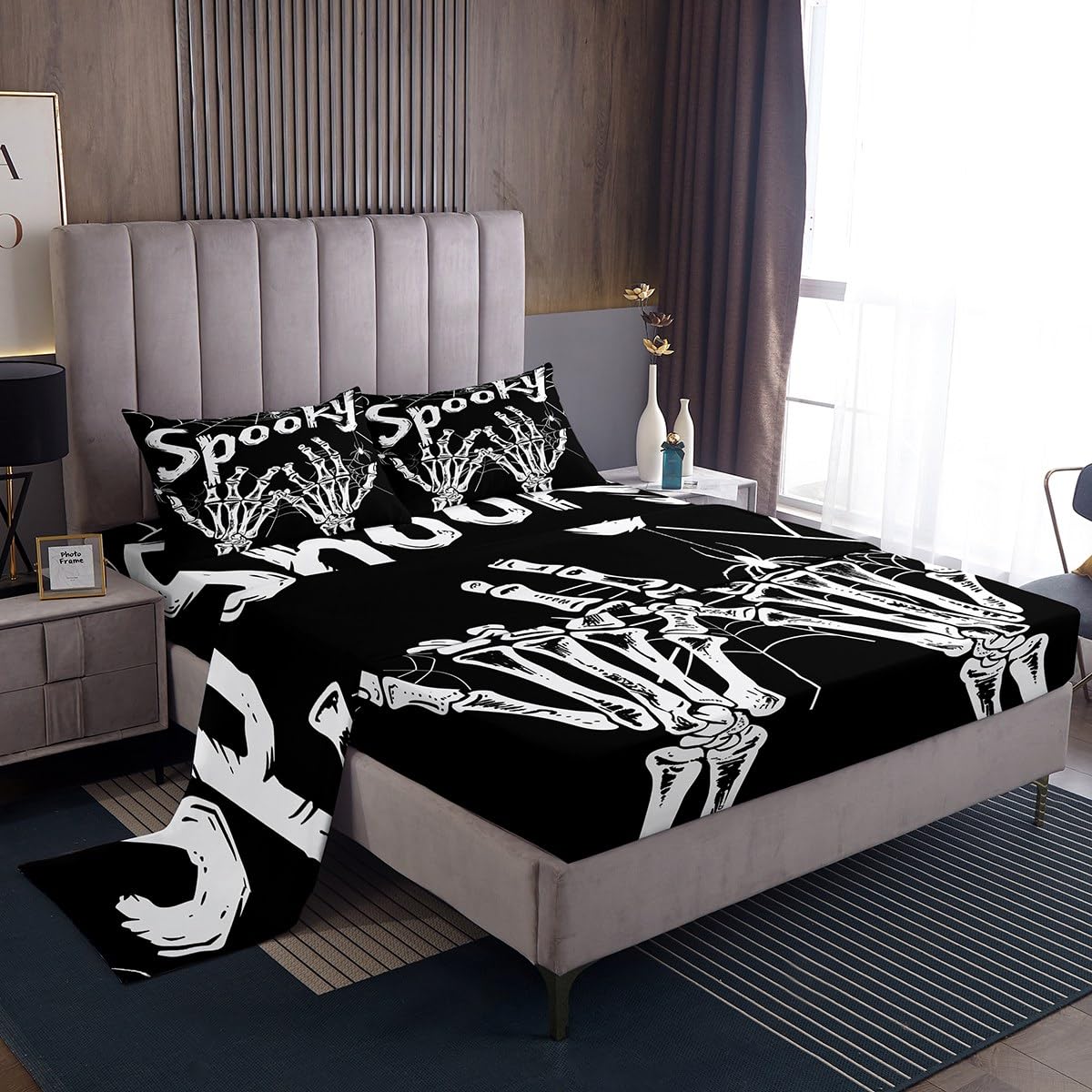 Feelyou Halloween Decor Bed Sheets Set Full Size Skeleton Bones Bed Set Gothic Deep Pocket Fitted Sheet Spider Web Breathable Soft Lightweight Microfiber