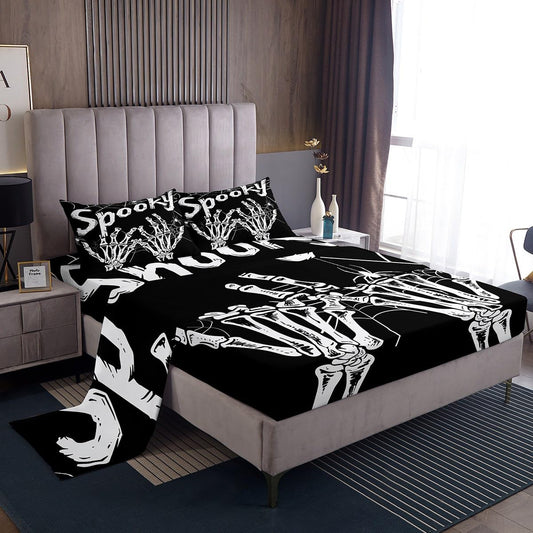 Feelyou Halloween Decor Bed Sheets Set Full Size Skeleton Bones Bed Set Gothic Deep Pocket Fitted Sheet Spider Web Breathable Soft Lightweight Microfiber