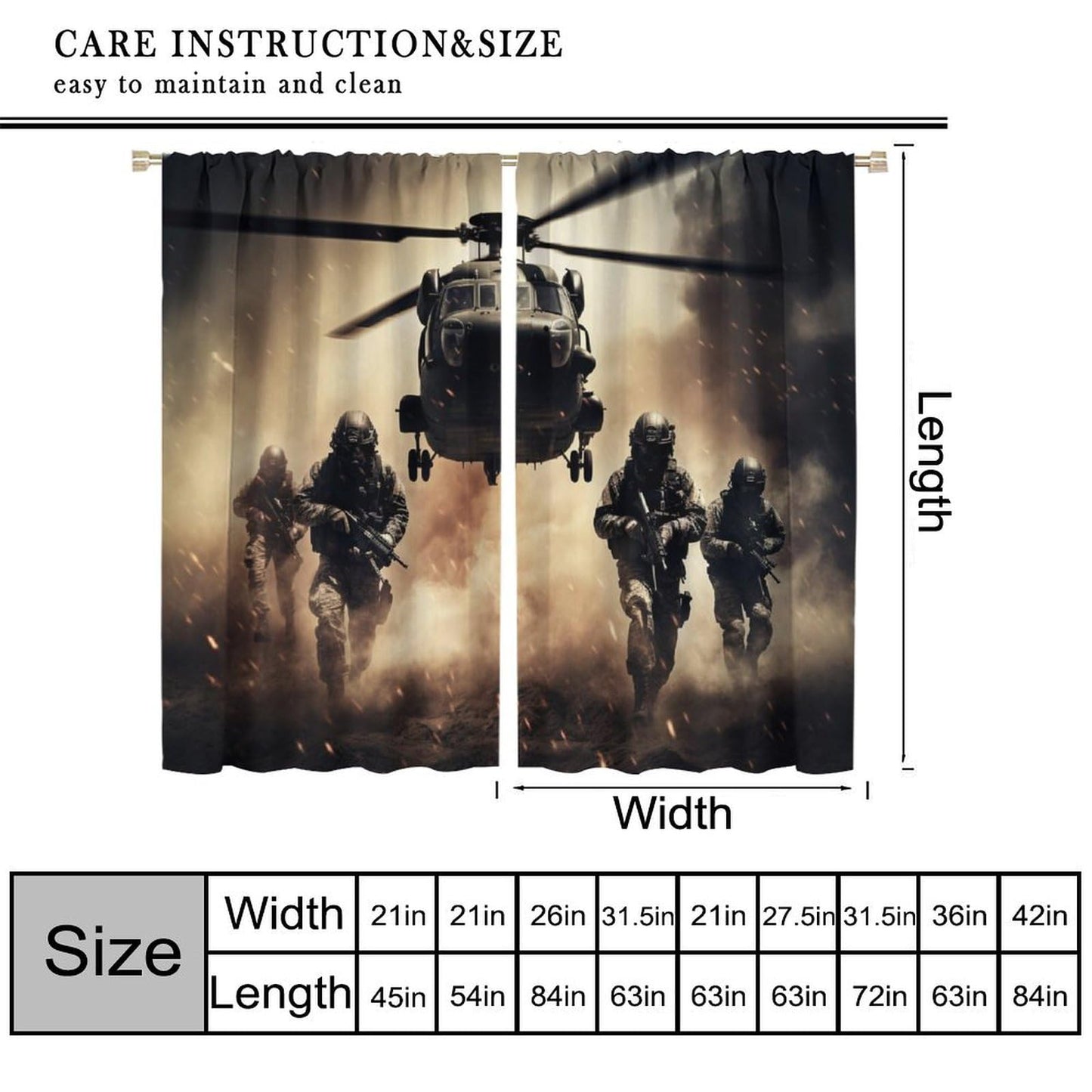 Combat Helicopters Blackout Curtains for Kids, Black Smoke Military Firearms Armed Special Forces Helicopters Window Drapes Print for Boys Adolescents Nursery Bedroom Living Room Bathroom 42x45in