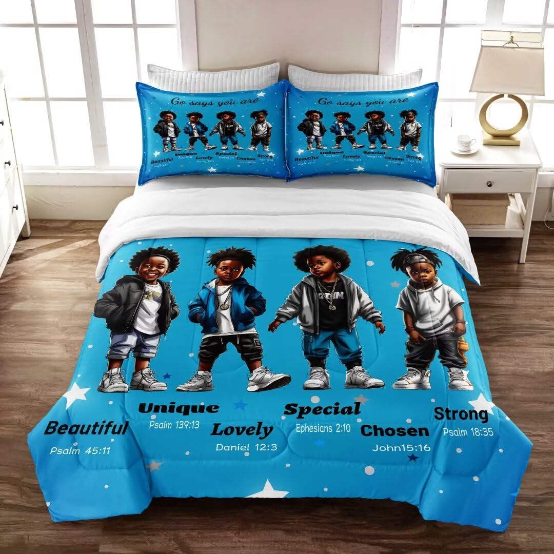 GRAT TIOC Black Comforter Set for Kids Teens Twin, Cute African American Boy Bedding, Afro Melanin God Says I Am Christian Bedroom Set 3 Pcs With 2 Pillowcases
