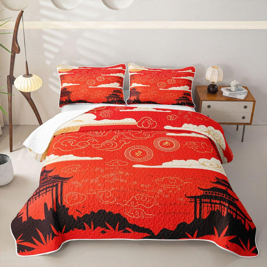 Erosebridal Vintage Japanese Art Quilts Twin Size - Oriental Clouds Bedspread Coverlet Set, Traditional Japanese Temples Quilt Coverlets 2Pcs (Only 1 Pillowcase)