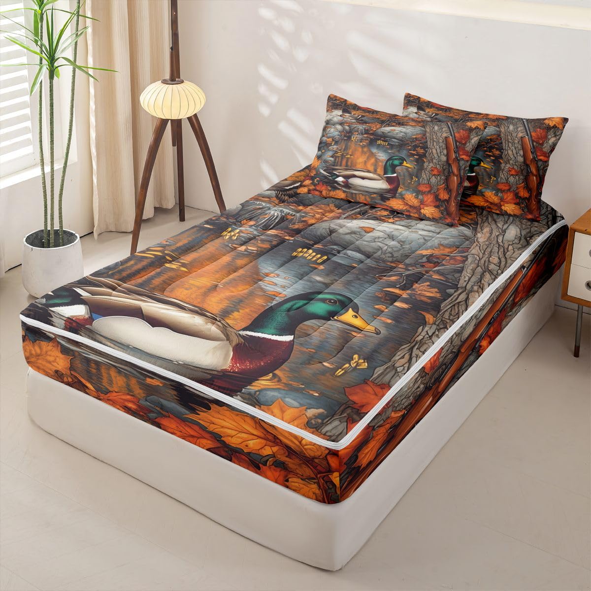 jejeloiu Mallard Duck Twin Zipper Bedding Set Hunting Wildlife Kids Comforter Set with Fitted Sheet and 2 Pillowcases Autumn Pond Bed in a Bag Duck Zip Up Bedding Soft Microfiber