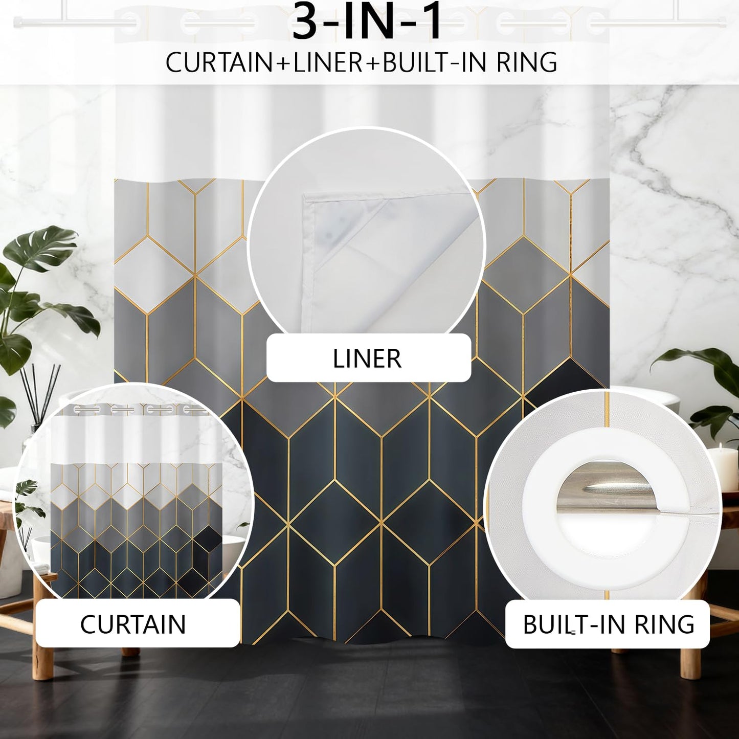 NAEMBCU No Hook Shower Curtain with Snap in Liner, 71 x 74 Inch
