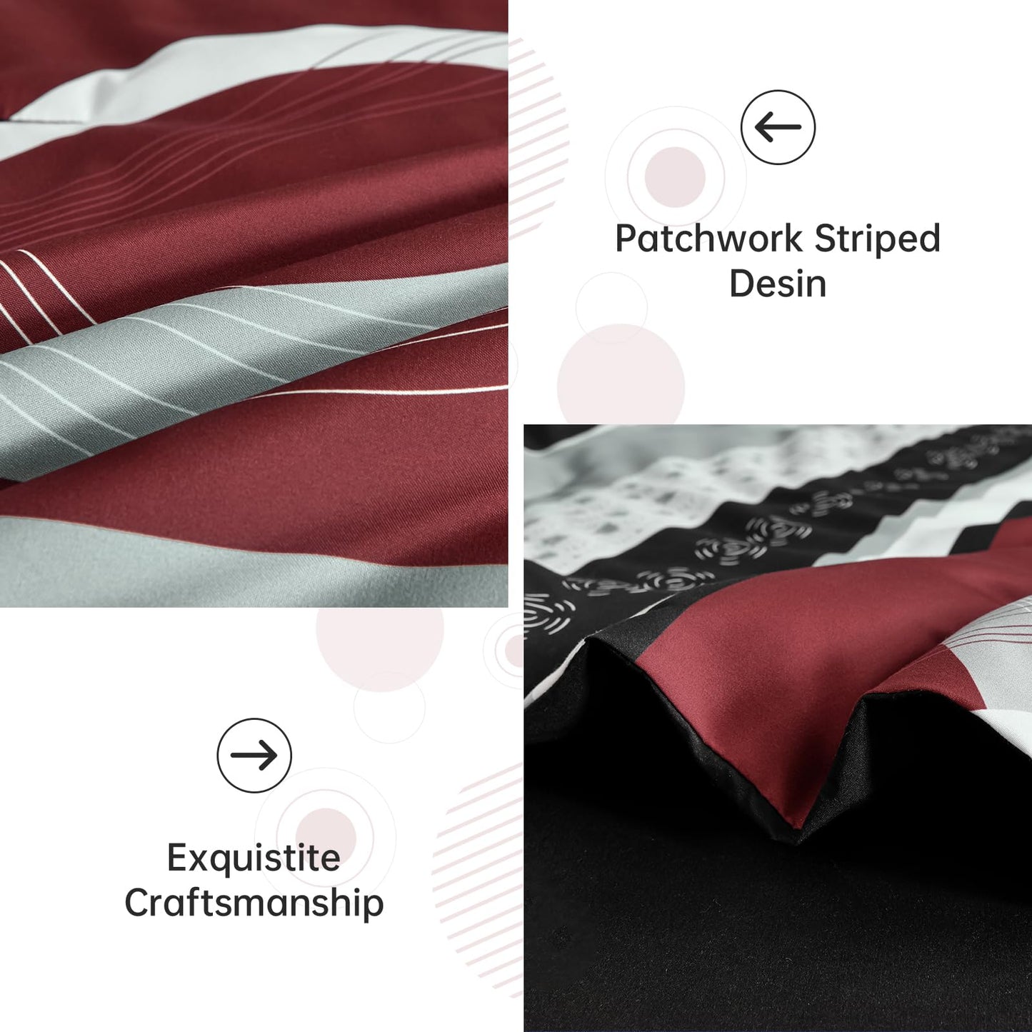 Anibedding Burgundy Comforter Set Queen Size, 8 Pieces Striped Bed in a Bag, Patchwork Comforter with Sheets Set Soft Microfiber Boho Bedding Sets(90"×90")
